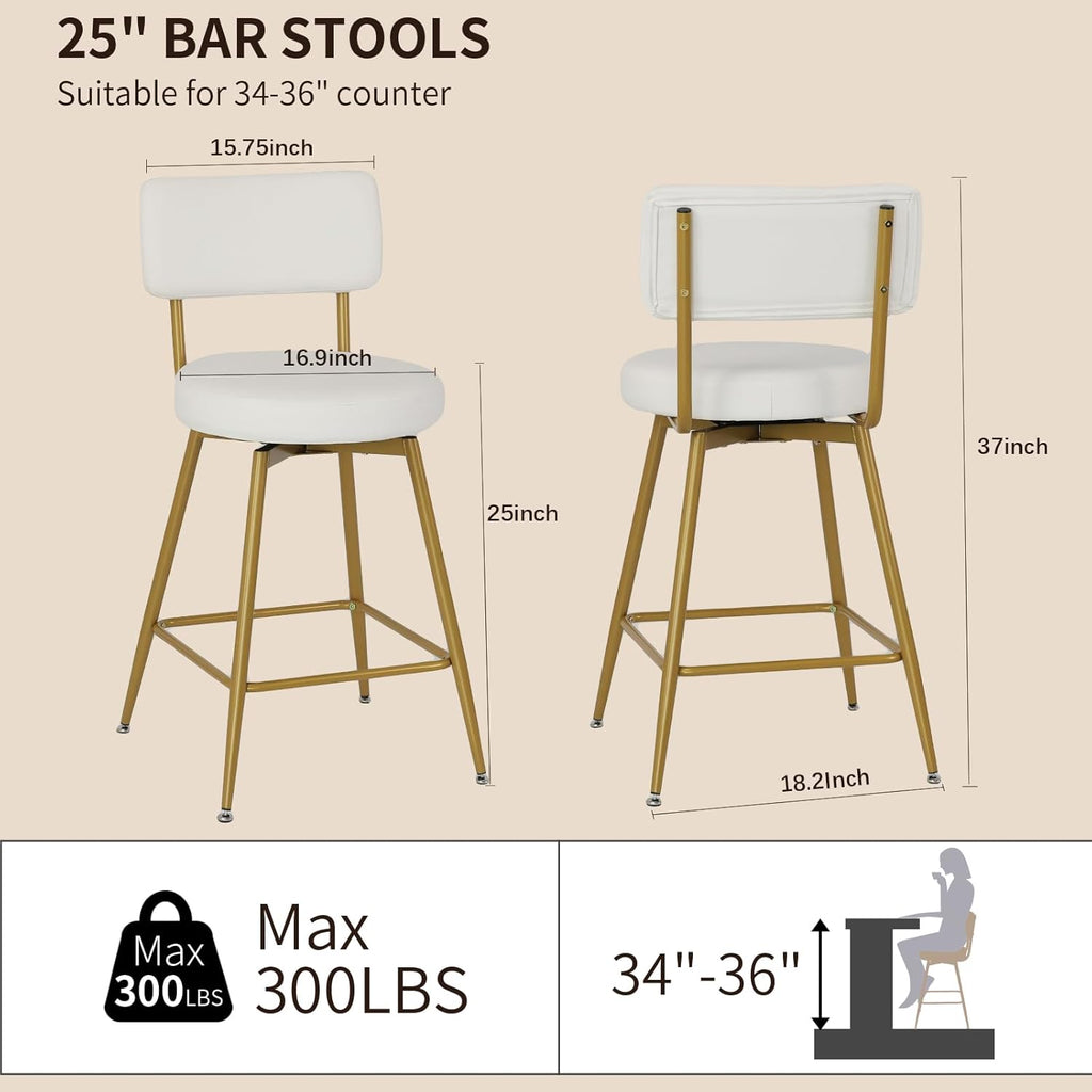 Gold White Counter Height Bar Stools Set of 2, Modern Swivel Bar Stools with Back, 25 Inch PU Leather Barstools Bar Chair Island Stool for Kitchen Counter, White Gold