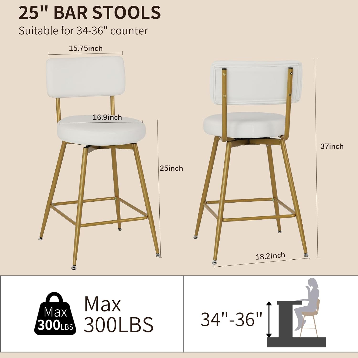 Gold White Counter Height Bar Stools Set of 2, Modern Swivel Bar Stools with Back, 25 Inch PU Leather Barstools Bar Chair Island Stool for Kitchen Counter, White Gold