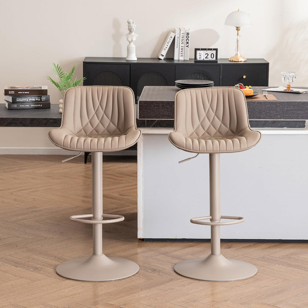 YOUTASTE Bar Stools Set of 2, Adjustable Swivel Counter Height Barstools with Back, All Khaki Faux Leather Upholstered Bar Chairs with Metal Base, Stools for Kitchen Island or Home Bar