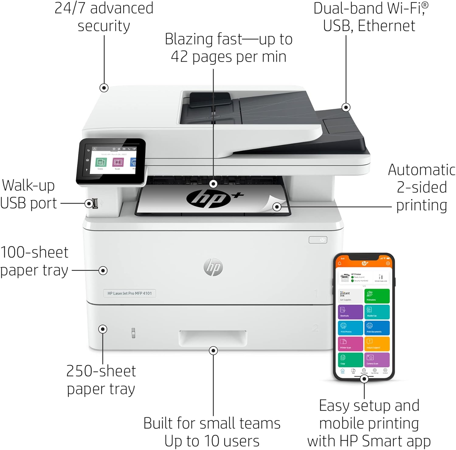 HP LaserJet Pro MFP 4101fdwe Wireless Black & White Printer with HP+ Smart Office Features and Fax (Renewed)