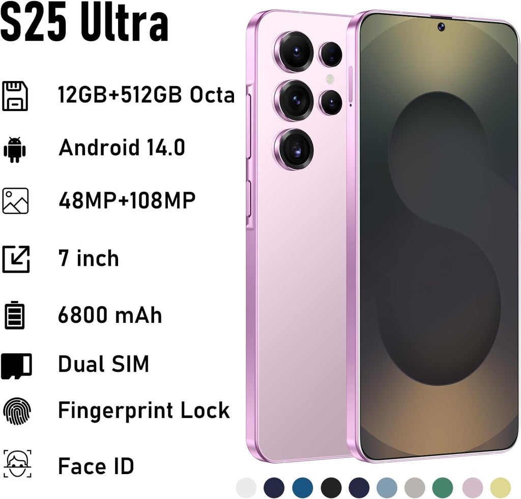 I25 Ultra Unlocked Smartphone, 12GB RAM 512GB ROM, HD Display, 48MP+108MP Camera, Android 15, 6800mAh Battery, 5G Dual SIM, Octa-Core Snapdragon 8 Gen3 (Pink)