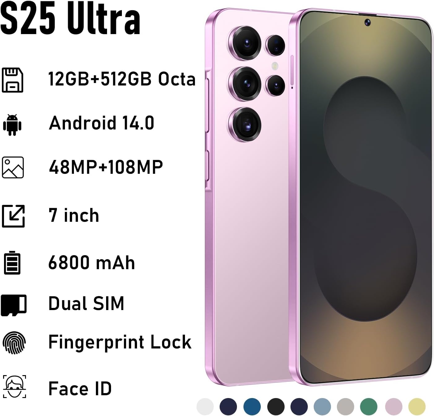 I25 Ultra Unlocked Smartphone, 12GB RAM 512GB ROM, HD Display, 48MP+108MP Camera, Android 15, 6800mAh Battery, 5G Dual SIM, Octa-Core Snapdragon 8 Gen3 (Pink)