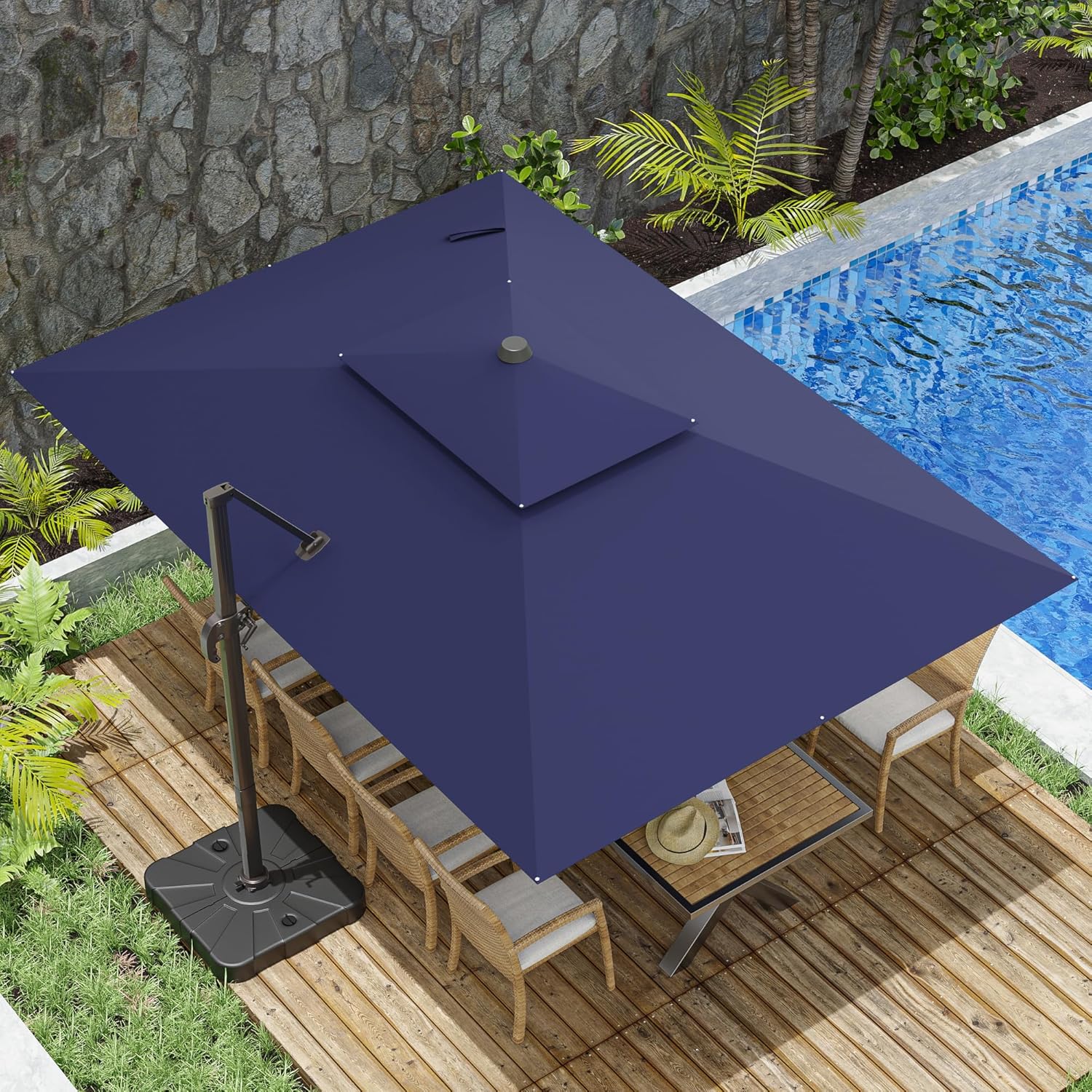 10x13FT Cantilever Outdoor Patio Umbrellas, Double Top Large Rectangle Umbrella, Heavy Duty 360° Rotation Offset Outdoor Sun Shade Umbrella for Garden Deck Pool Backyard Patio, Navy Blue