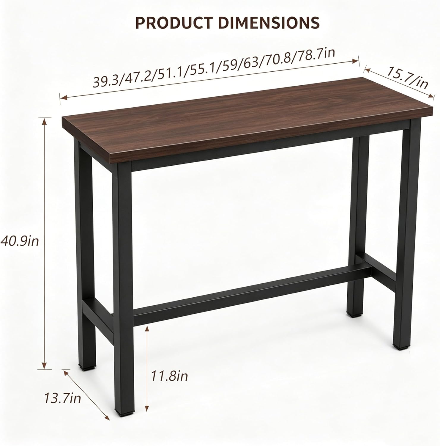 Long Bar Table - 41" Counter Height Narrow Bar Table with Solid Wood Top, Bar Height Table with Metal Frame, Space-Saving Pub Table for Kitchen, Living Room, Behind Couch, Coffee Shop Walnut