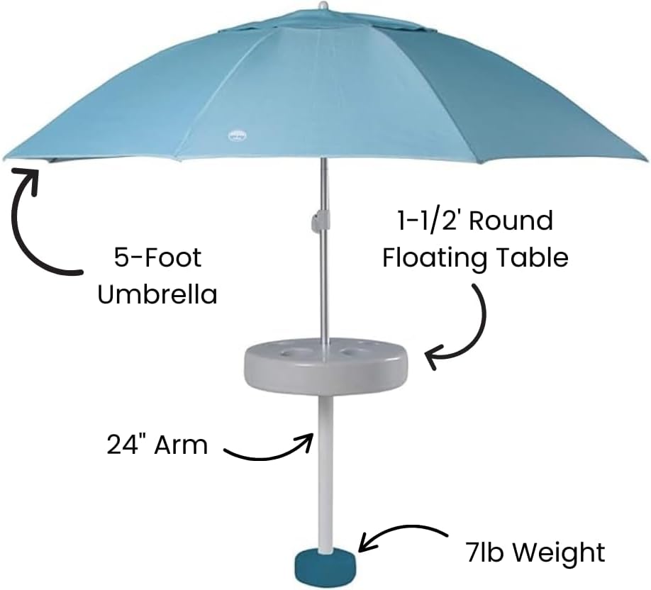 Pool Buoy Floating Pool Umbrella – 5'-7" Premium UV Shade Umbrella with Weighted Base & 5 Cup Holders – Luxury Portable Sun Protection for Pools, Lakes & Hot Tubs – No-Tool Setup