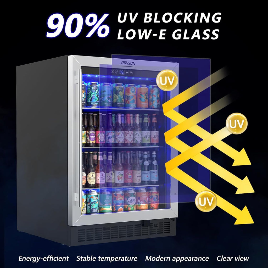 ROVSUN 24 Inch Beverage Refrigerator, 5.8 Cu.Ft. Under Counter Beverage Fridge with Glass Door and Touch Temperature Control for Soda, Beer, Built-in or Freestanding Cooler for Kitchen, Bar, Office