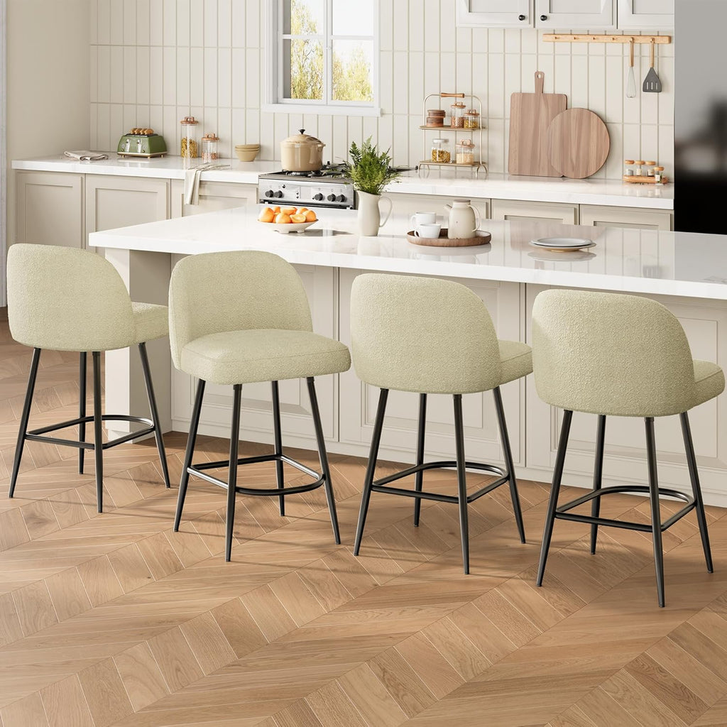 GarveeHome 26" Modern Upholstered Barstools with Backs and Metal Legs, Counter Height Bar Stools Set of 4, Faux Sherpa High Chairs with Arc Metal Footrest for Kitchen Island, Beige