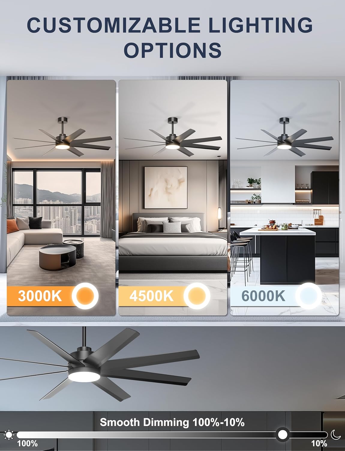 Ohniyou 60'' Ceiling Fan with Light - Modern Black 8 Blades Ceiling Fan Remote/APP Control, Dimmable, DC Motor Outdoor Fan for Covered Patio, Living Room, Shop, Garage
