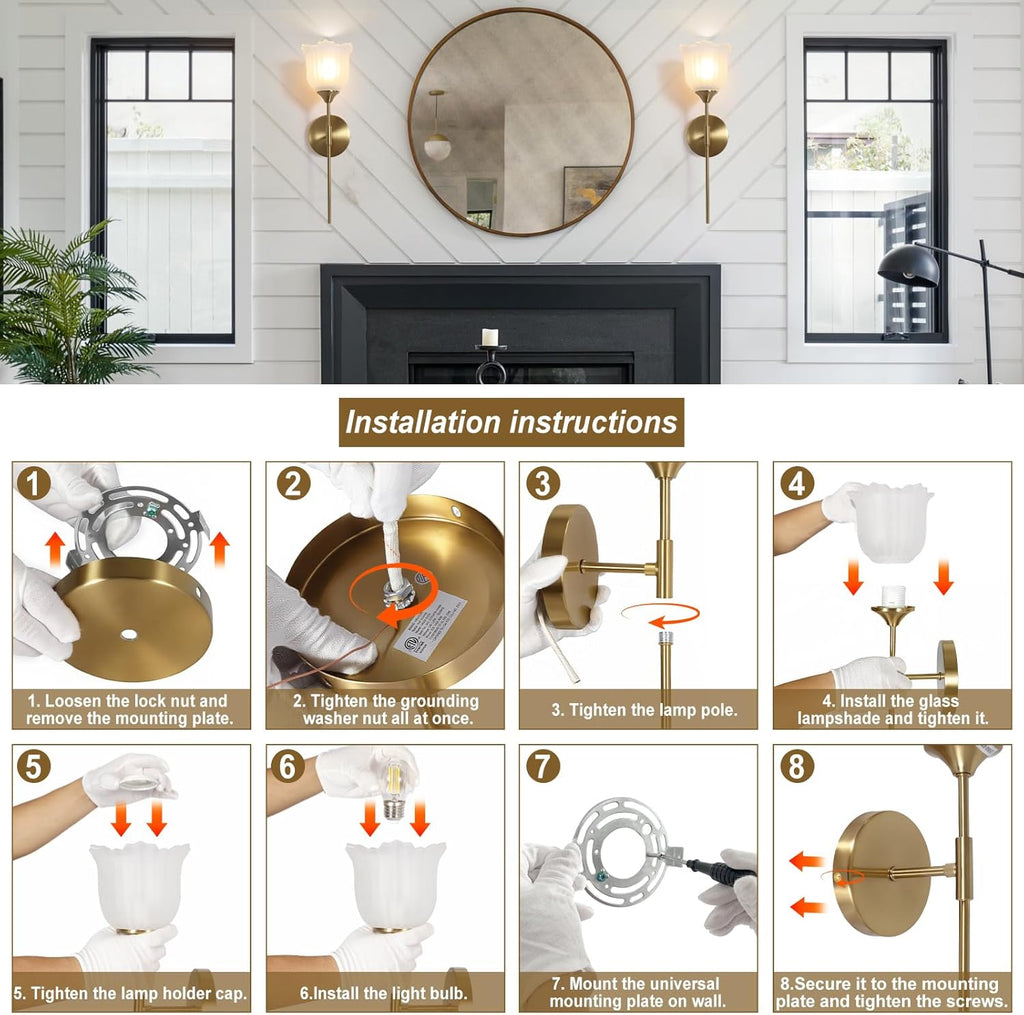 Blooming Rose Wall Sconce Set of 2, Medieval Retro & Modern Style Gold-Plated Wall Sconce with E26 Base (Bulbs Not Included) Wall Lamp for Bathroom Bedroom Kitchen Hallway Living Room Staircase Mirror