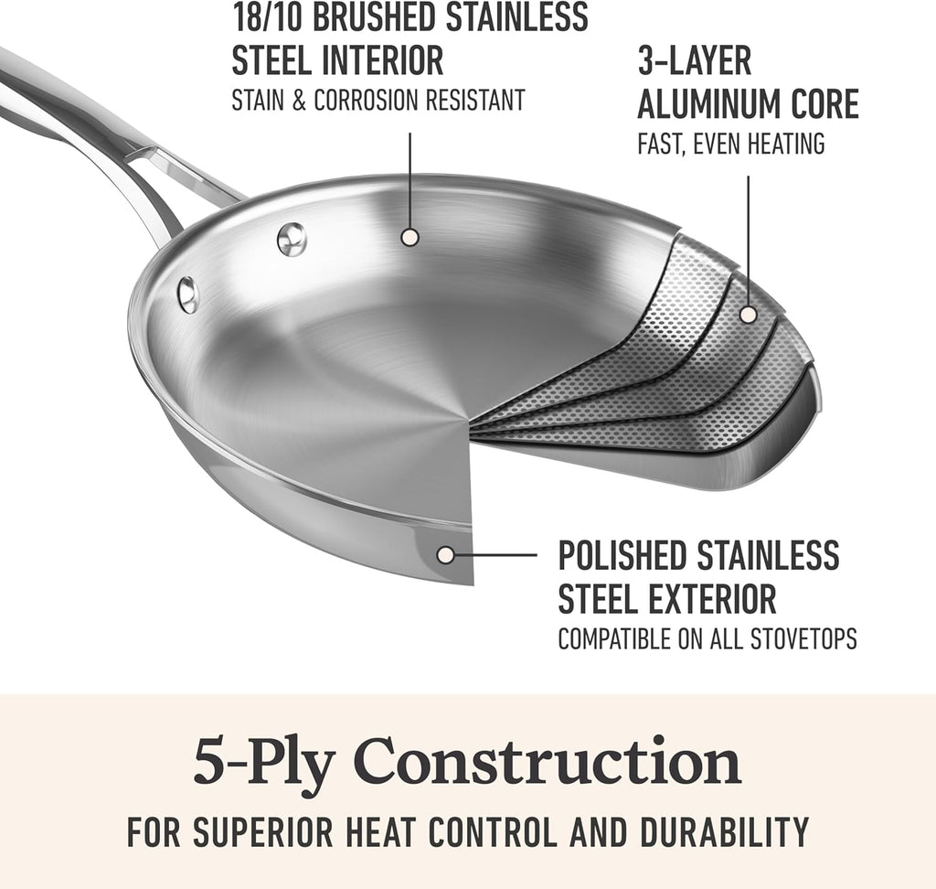 Calphalon Premier Polished 5-Ply Stainless Steel Cookware w/Turbo Heat Tech 2.5Qt Chef's Pan with Lid, Induction, Oven Safe 500F, PFOA Free, Polished Stainless Silver