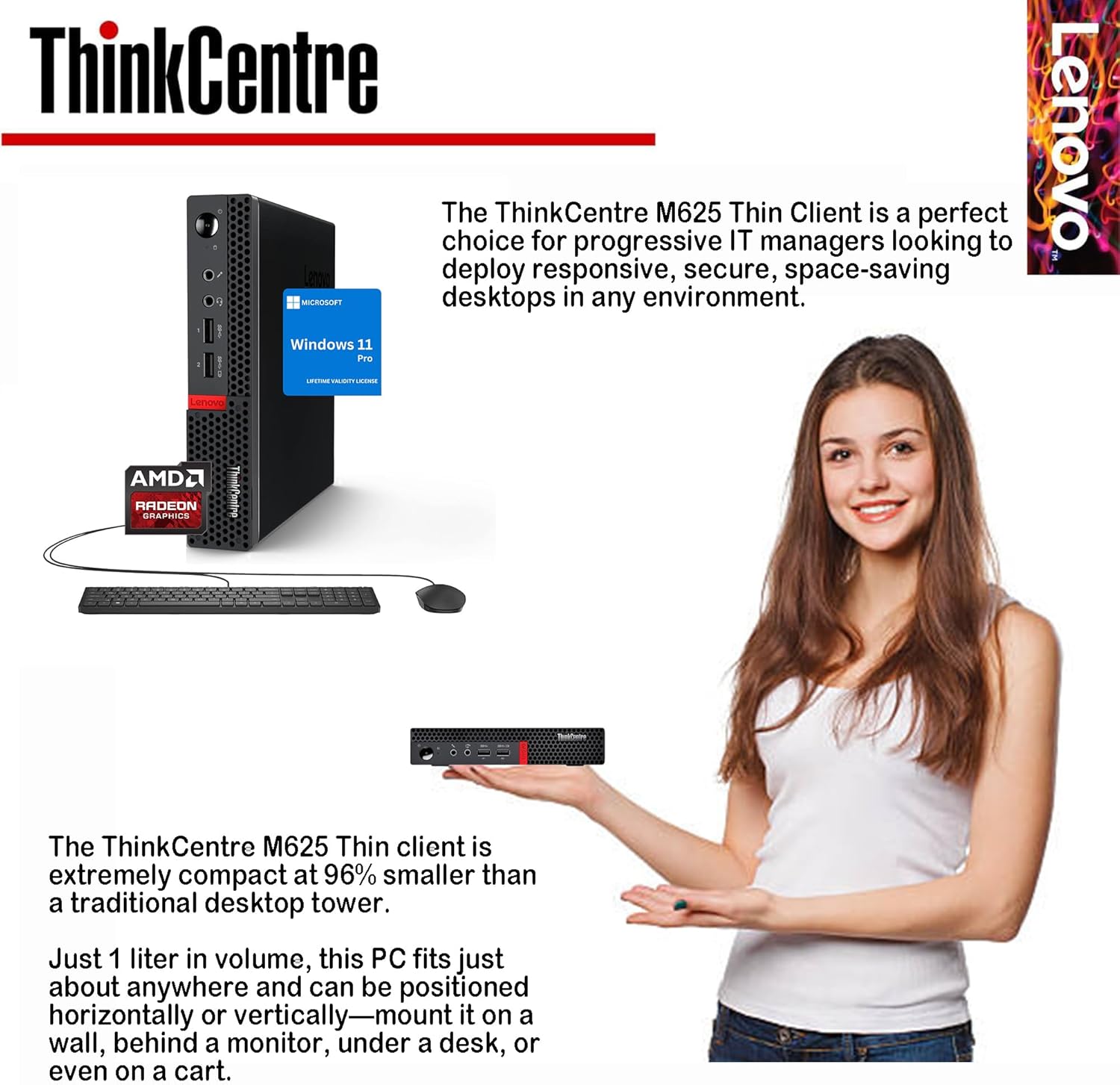Lenovo Business Mini Desktop PC, AMD Processor, 4GB RAM, 128GB SSD, Dual Display Support, Wi-Fi, Bluetooth, USB & Ethernet Port, Windows 11 Pro, Compact, Quiet, and Space-Saving, w/Keyboard & Mouse