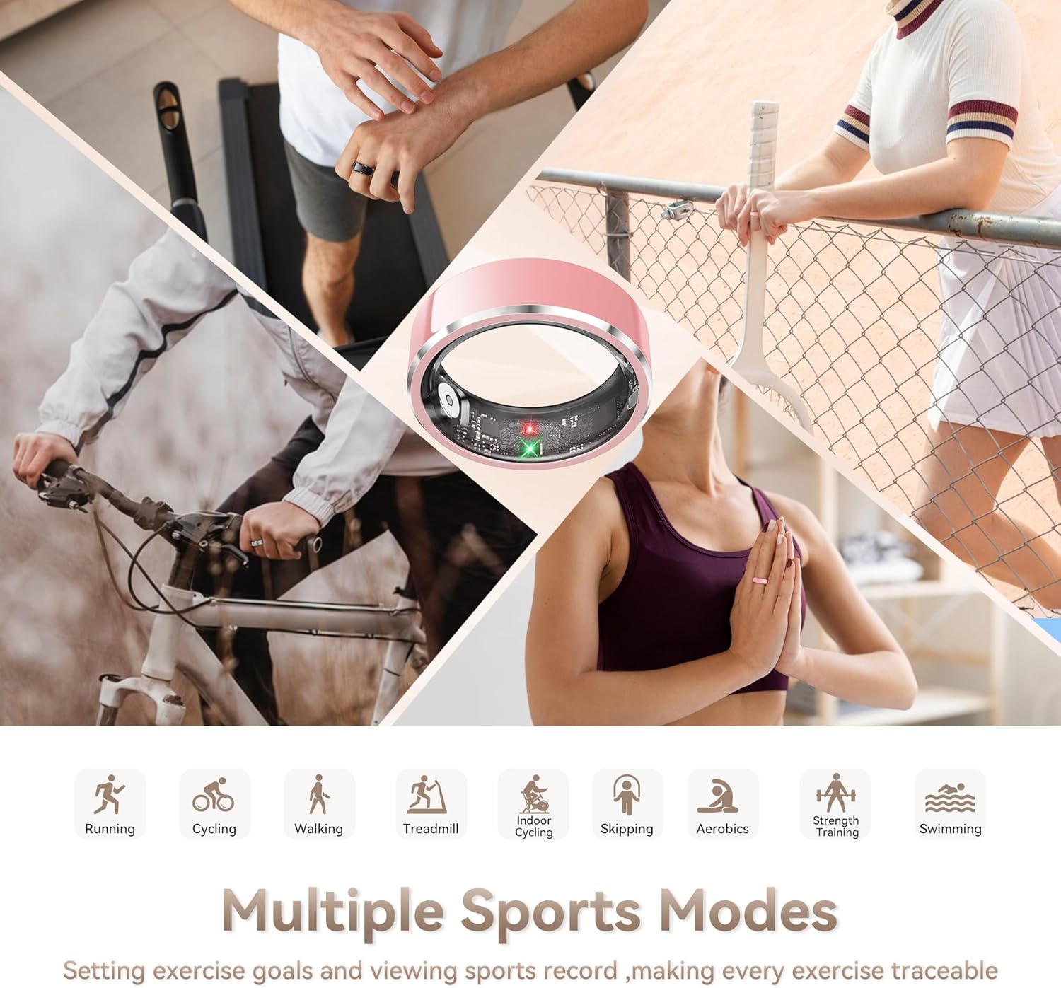 Smart Ring for Women,Fitness & Activity Tracker with Blood Pressure/Heart Rate Monitor, Sleep Tracker, Step Counter, IP68 Waterproof Ring for iOS&Android,Fast Charge,No Subscription (Pink,Size8