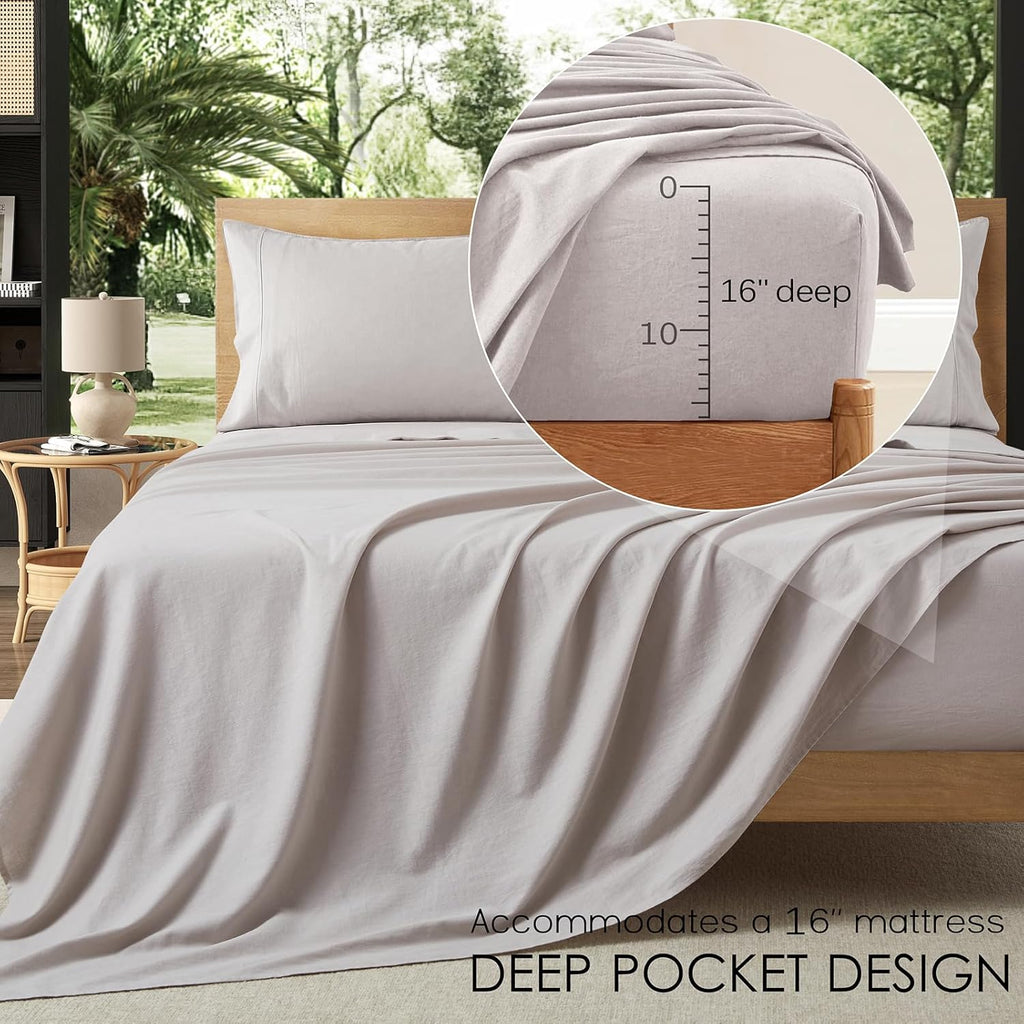 4Pcs Organic Linen Sheets King Size, 100% French Linen from Normandy, Tear-Resistant Natural Linen King Sheet Set with 16 Inch Deep Pocket, 1 Flat Sheet, 1 Fitted Sheet, 2 Pillowcases