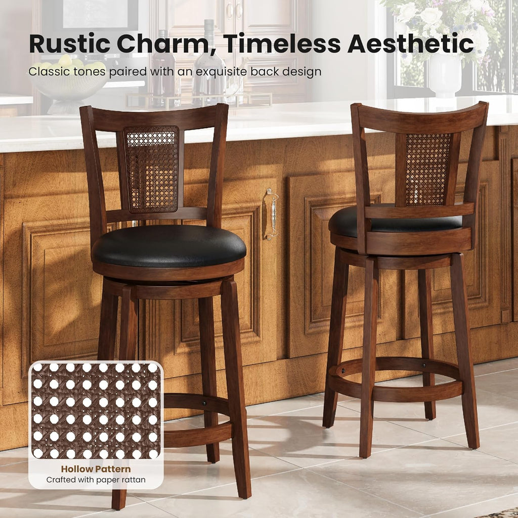 PHI VILLA 26 inch Counter Height Bar Stools Set of 4, Swivel Bar Stools with Back, Wooden Bar Chairs Faux Leather Kitchen Counter Stools