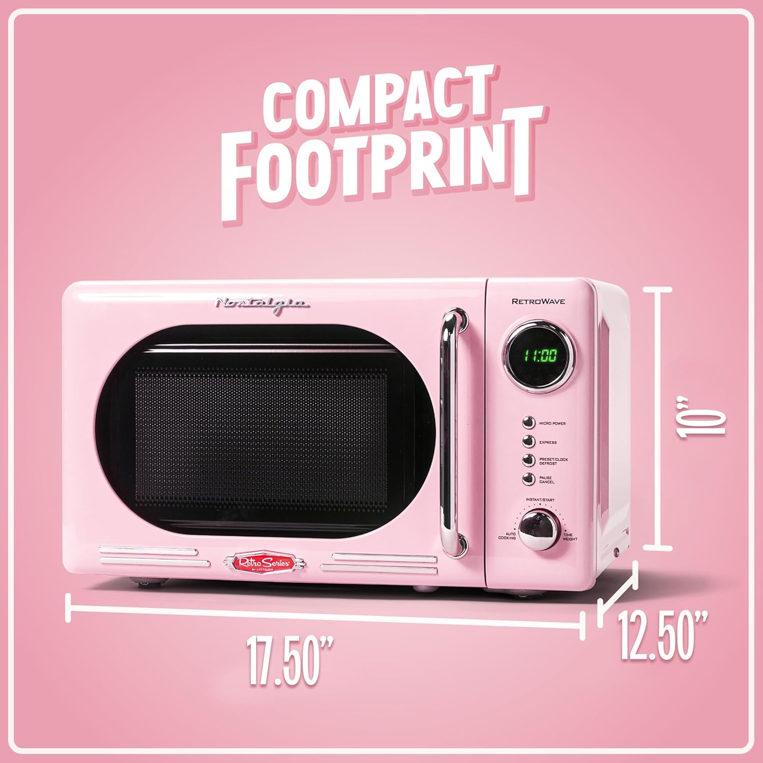 Nostalgia Countertop Microwave Oven with Easy Clean Interior - Retro Microwave with LED Display & Child Lock- Compact 0.7 Cu. Ft. Oven With 12 Pre-Programmed Settings for Quick Cooking- 700-Watts-Pink