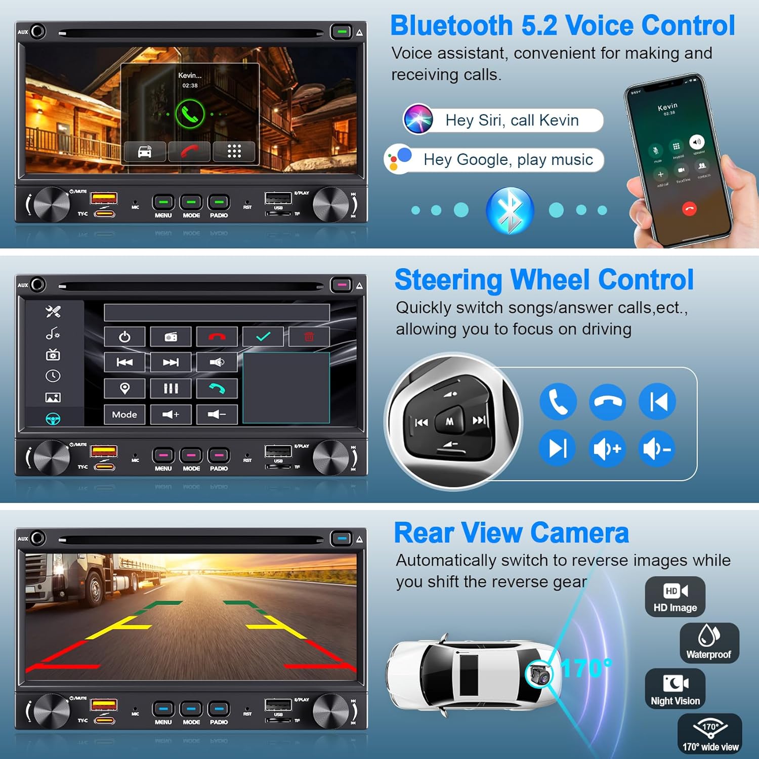 Double Din Carplay Car Radio with CD/DVD, 7 Inch Touchscreen Stereo with Wireless CarPlay & Android Auto Support Backup Camera, Bluetooth & Voice Control, Mirror Link, Subwoofer,SWC, AM/FM Radio