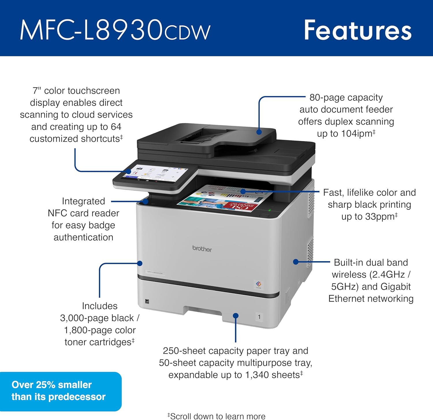Brother MFC-L8930CDW Business Color Laser All-in-One Printer with Duplex Print, Scan, Copy, Low-Cost Printing, and Advanced Security Features