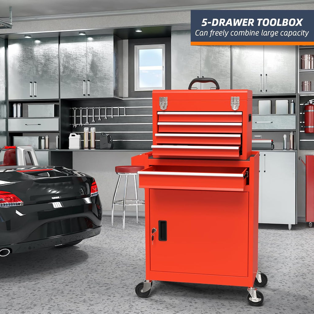 5-Drawer High Capacity Rolling Tool Chest, Removable Cabinet Storage Tool Box with Wheels and Drawers, Detachable Toolbox with Lock for Mechanics Garage Workshop and Tool Room (Red)