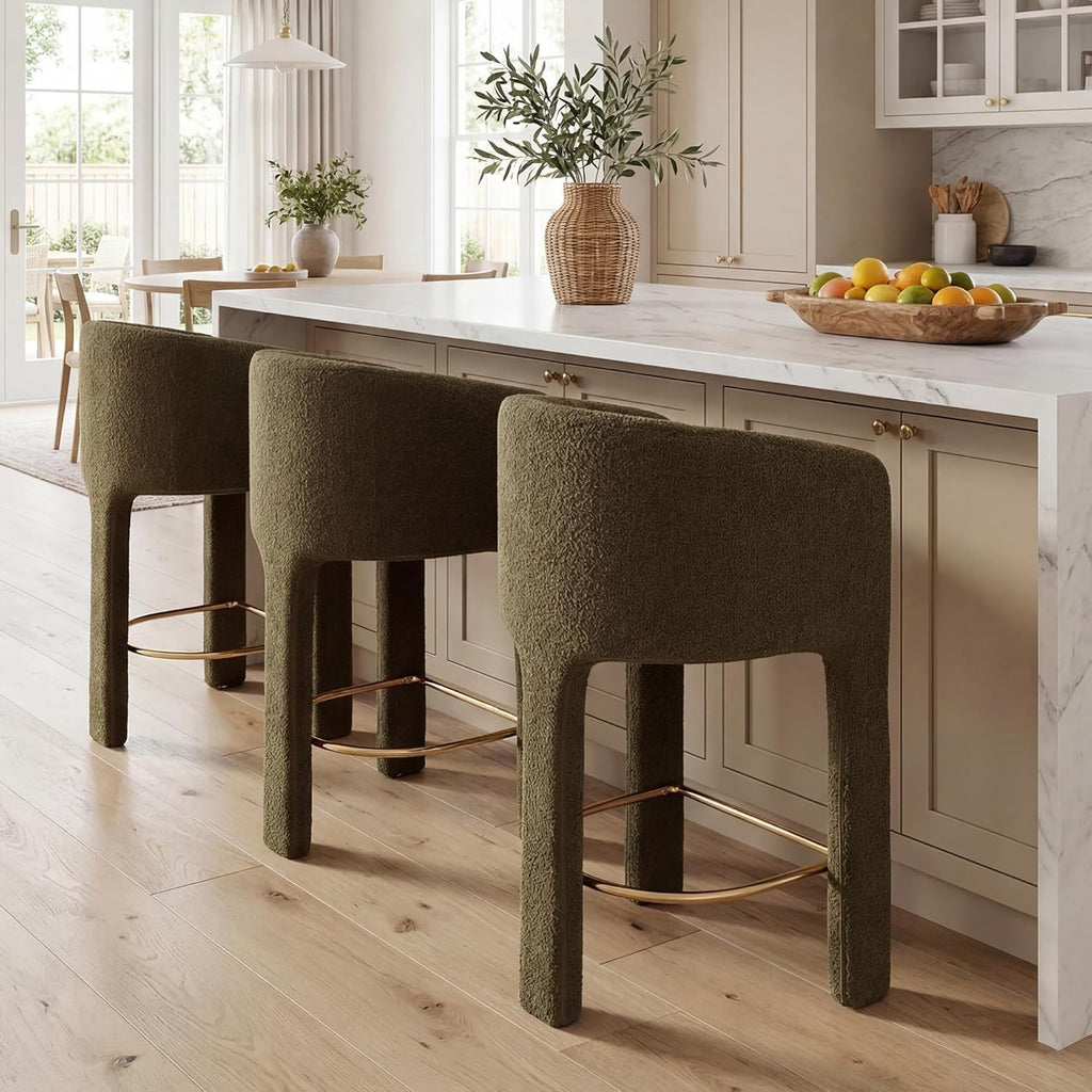 Modern Counter Height Bar Stools Set of 3, 26”H Barrel Counter Stools for Kitchen Counter, Upholstered Barstools with Back and Armrest, Sherpa Bar Stools for Kitchen Island,Home Bar Furniture, Green