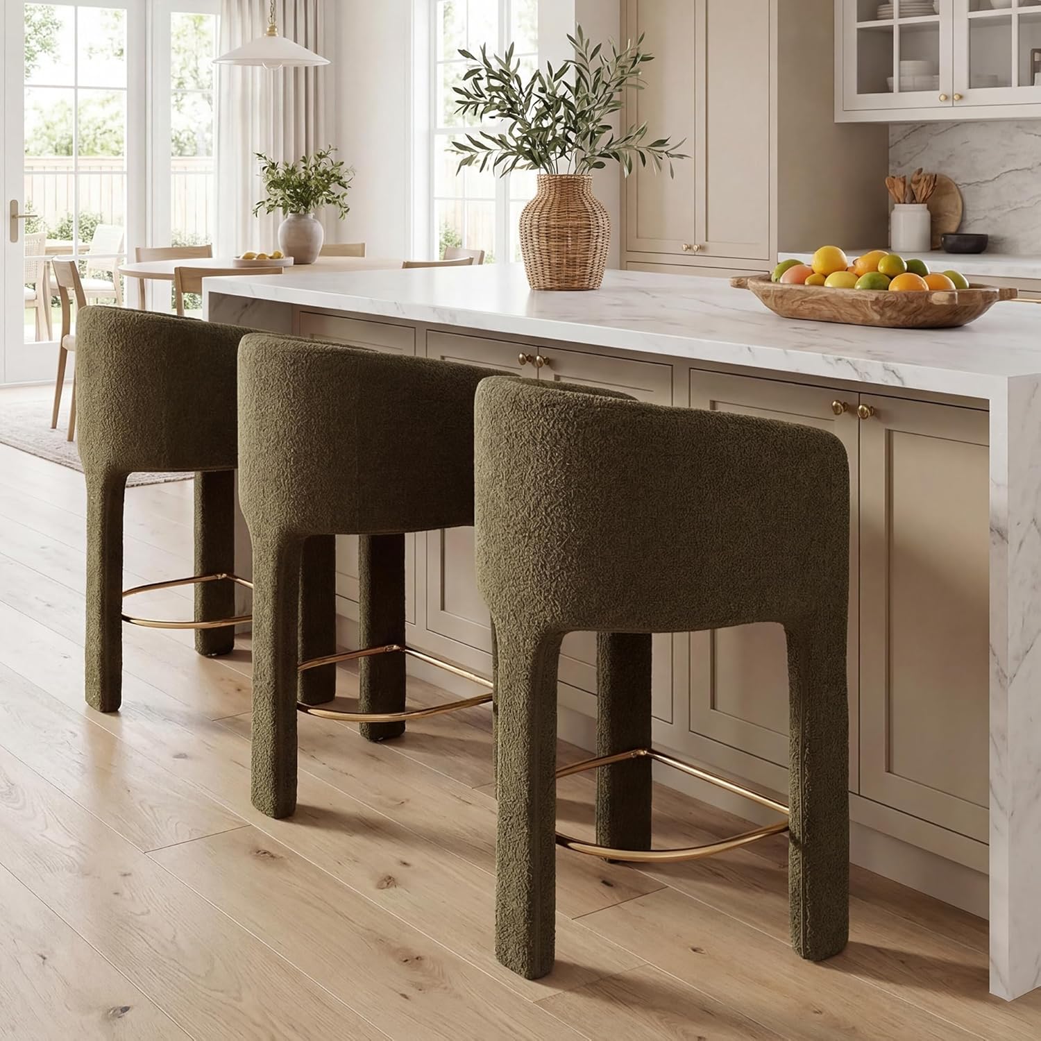 Modern Counter Height Bar Stools Set of 3, 26”H Barrel Counter Stools for Kitchen Counter, Upholstered Barstools with Back and Armrest, Sherpa Bar Stools for Kitchen Island,Home Bar Furniture, Green