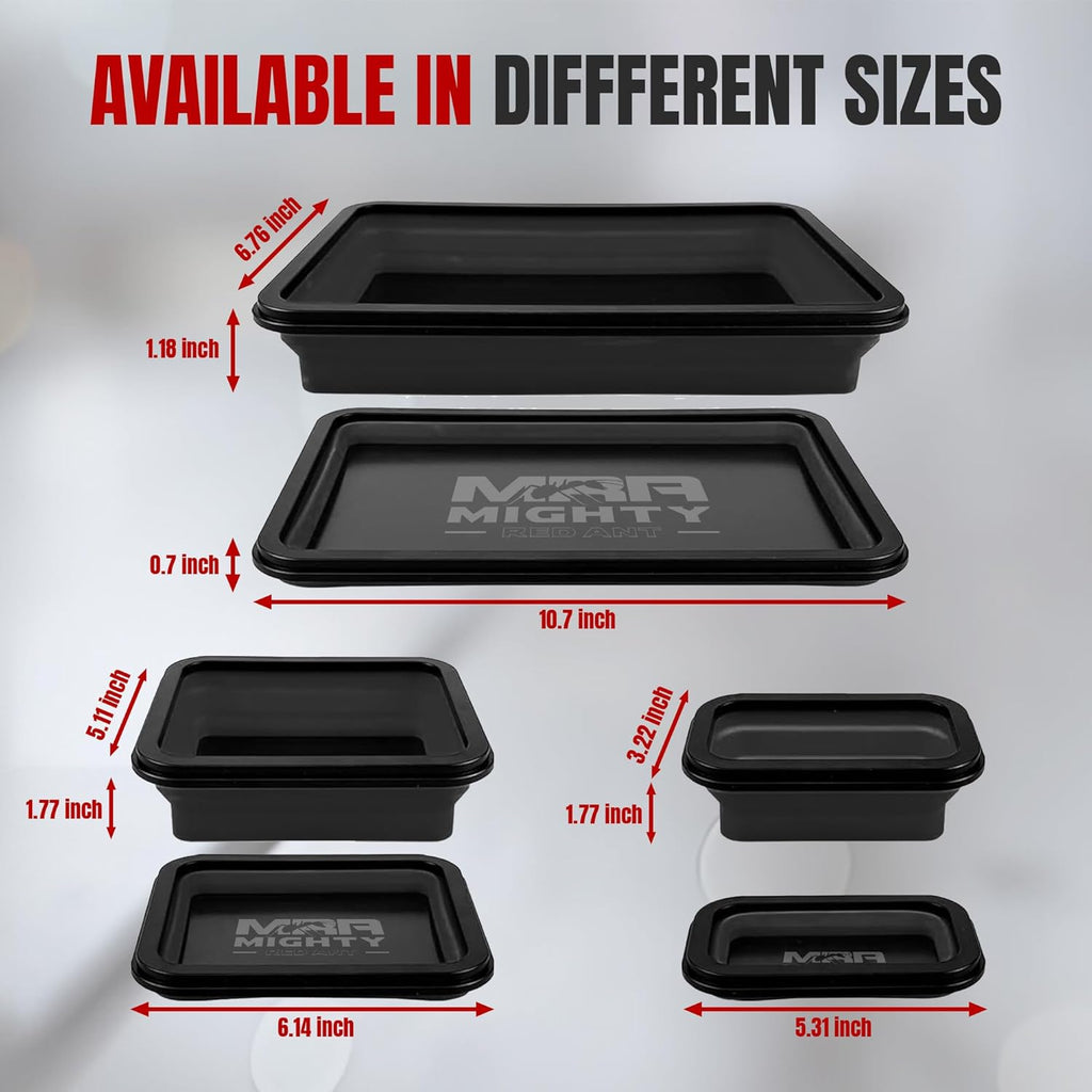Magnetic Parts Tray Set 3-Pack - Collapsible Silicone Magnetic Tray with Strong Base - Multi-Size (Black)