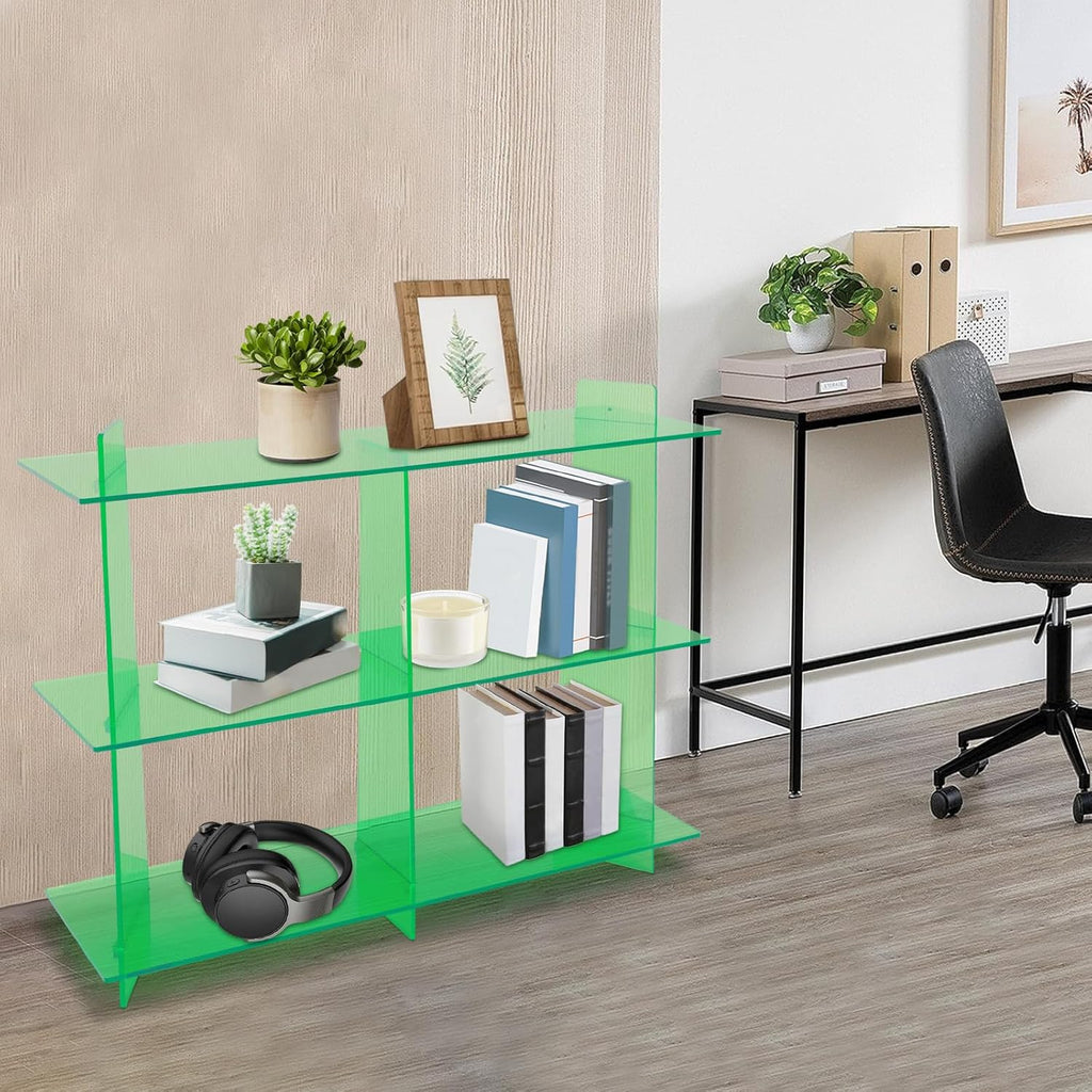 Acrylic Bookshelf, Small 3 Tier Bookcase for Small Spaces,See Through Acrylic Console Table, Hallway Entry Table for Living Room,Coffee Shop, Milk Tea Store (Green)