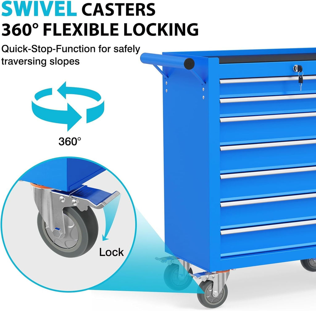 7 Drawers Metal Rolling Tool Chest, Portable Storage Tool Box with Wheels, Toolbox on Wheels for Warehouse, Garage, Repair Shop and Tool Room