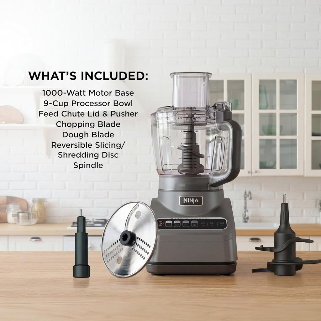 Ninja Food Processor, Professional Plus, 1000 Peak Watts, 4 Functions for Chopping, Slicing, Purees & Dough with 9-Cup Processor Bowl, 3 Blades, Food Chute & Pusher, Grey, BN601