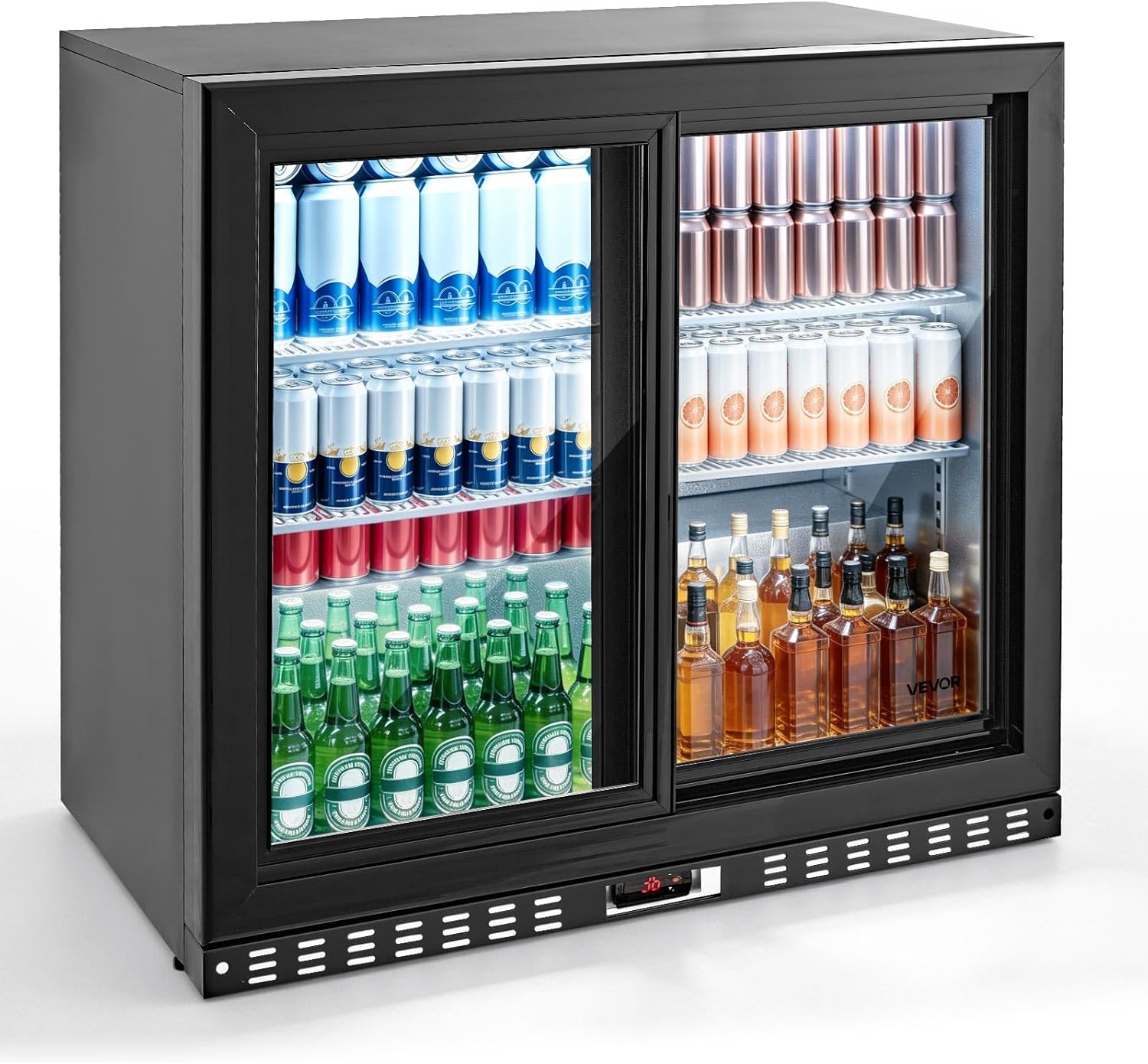 VEVOR Back Bar Cooler, 7.4 Cu. Ft Commercial Beverage Refrigerator, Under Counter Bar Fridge with 2 Sliding Doors, LED Lighting, Adjustable Shelves, Low-E Glass Display Cooler for Beer, Wine, Drink