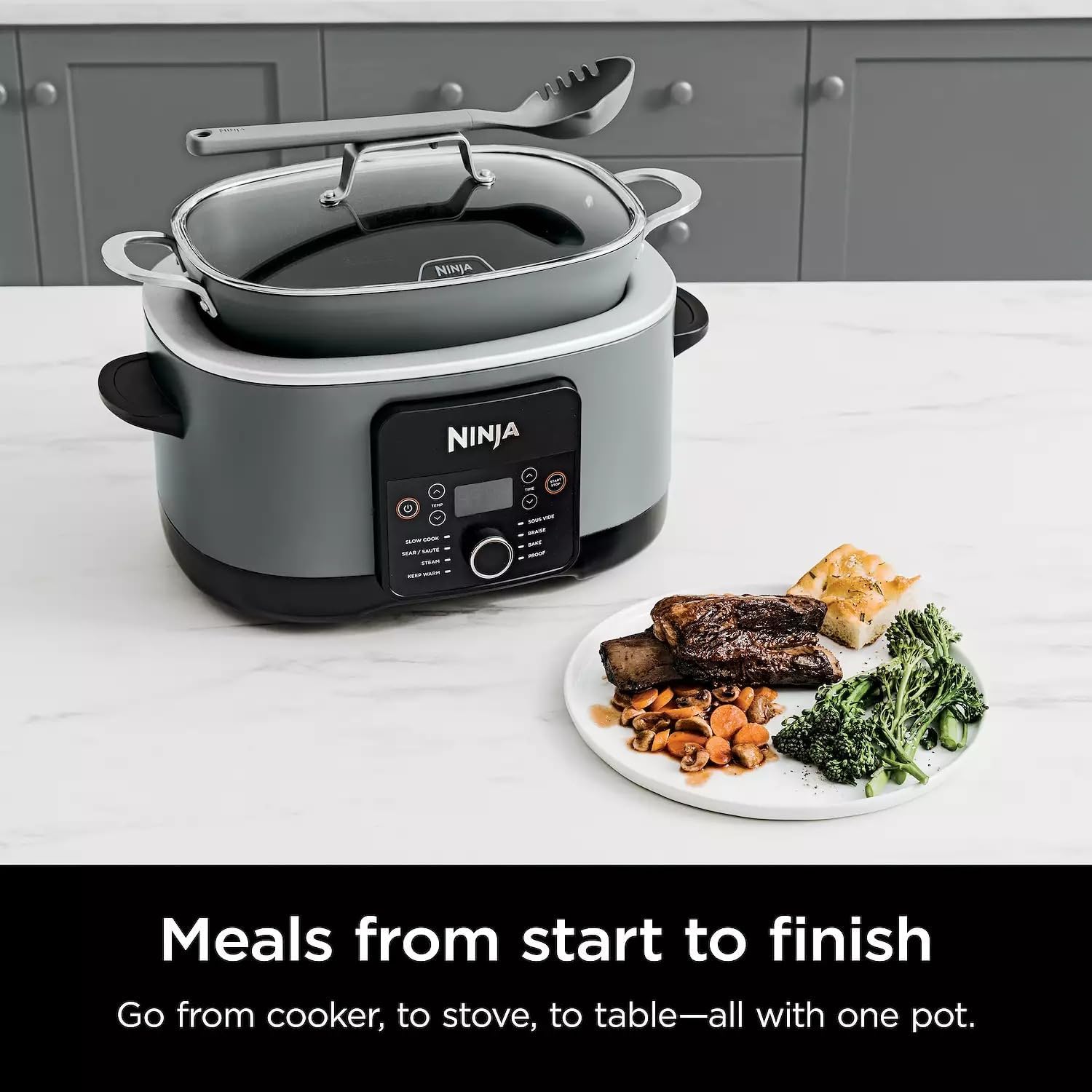 Ninja MC1001H Foodi PossibleCooker PRO 8.5 Quart Multi-Cooker, 8-in-1 Slow Cooker, Pressure Cooker, Dutch Oven & More, Glass Lid & Integrated Spoon, Nonstick, Oven Safe to 500°F, Charcoal (Renewed)