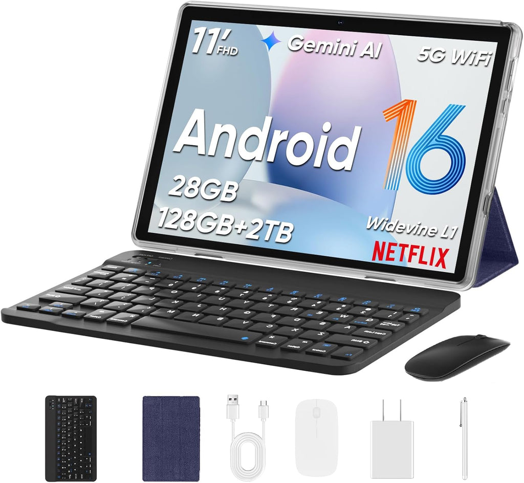 2026 Upgraded Android 16 Tablet, 11 inch Android Tablets,28GB+128GB+1TB Expand, Support Face Unlock+18W Fast Charging, Octa-Core CPU,Dual WiFi6, Dual Cameras,8000mAh Battery, Tablet with Keyboard