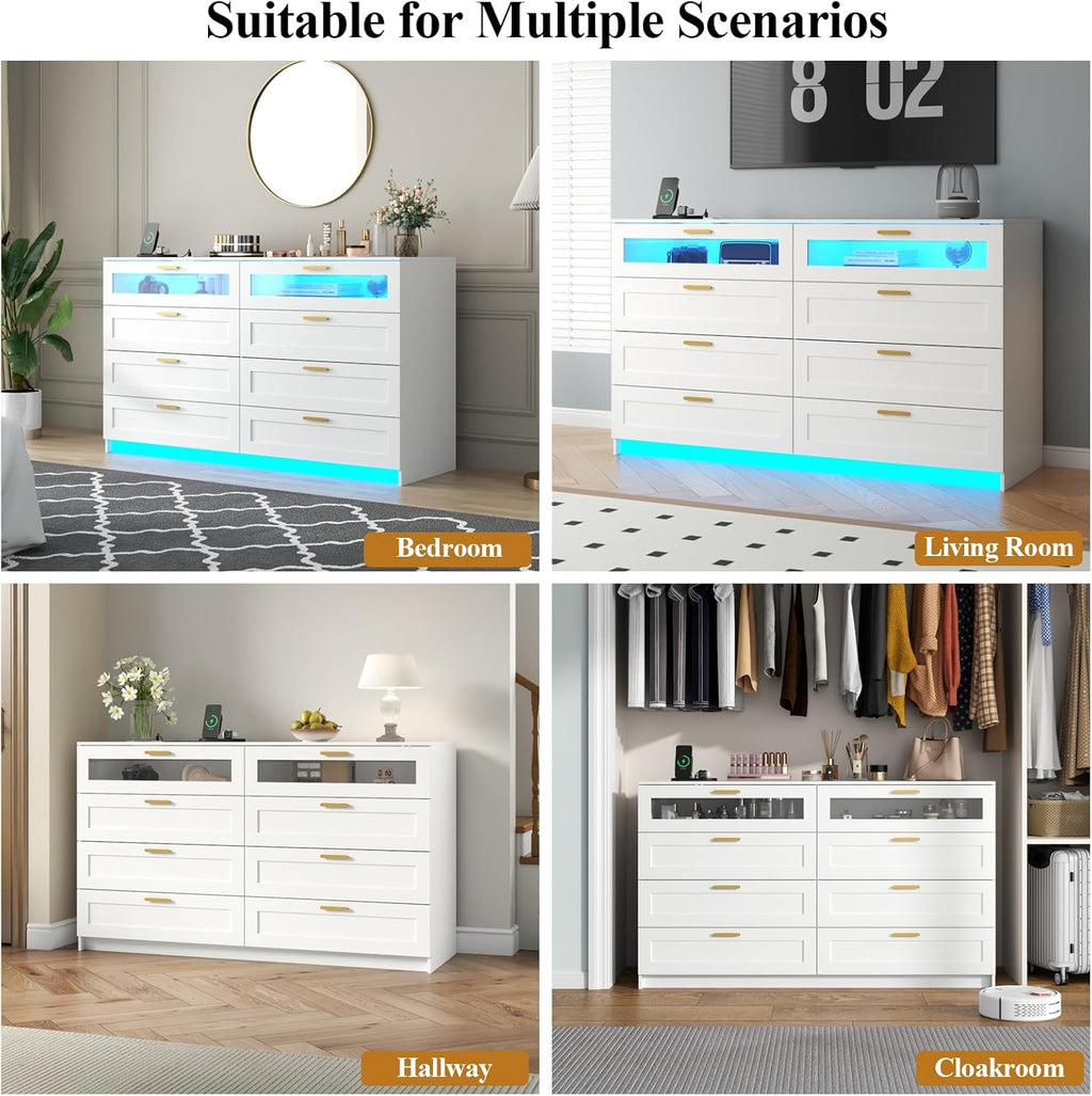 8 Drawers Dresser with Charging Station, White Dresser for Bedroom with LED Lights, Modern Chest of Drawers for Closet, Double Wide Dressers Organizer for Bedroom, Living Room, Entryway (White)