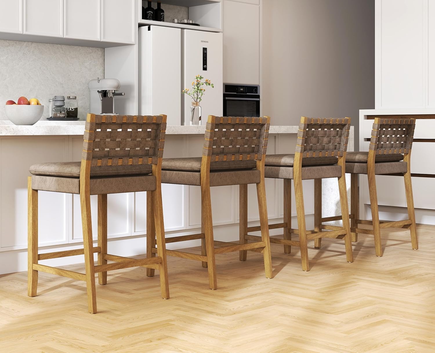 EALSON Mid Century Rattan Bar Stools Set of 4 Modern Farmhouse Barstools with Leather Woven Backs 26 Inch Wooden Counter Stool Breakfast Upholstered Bar Chairs for Kitchen Island, Brown