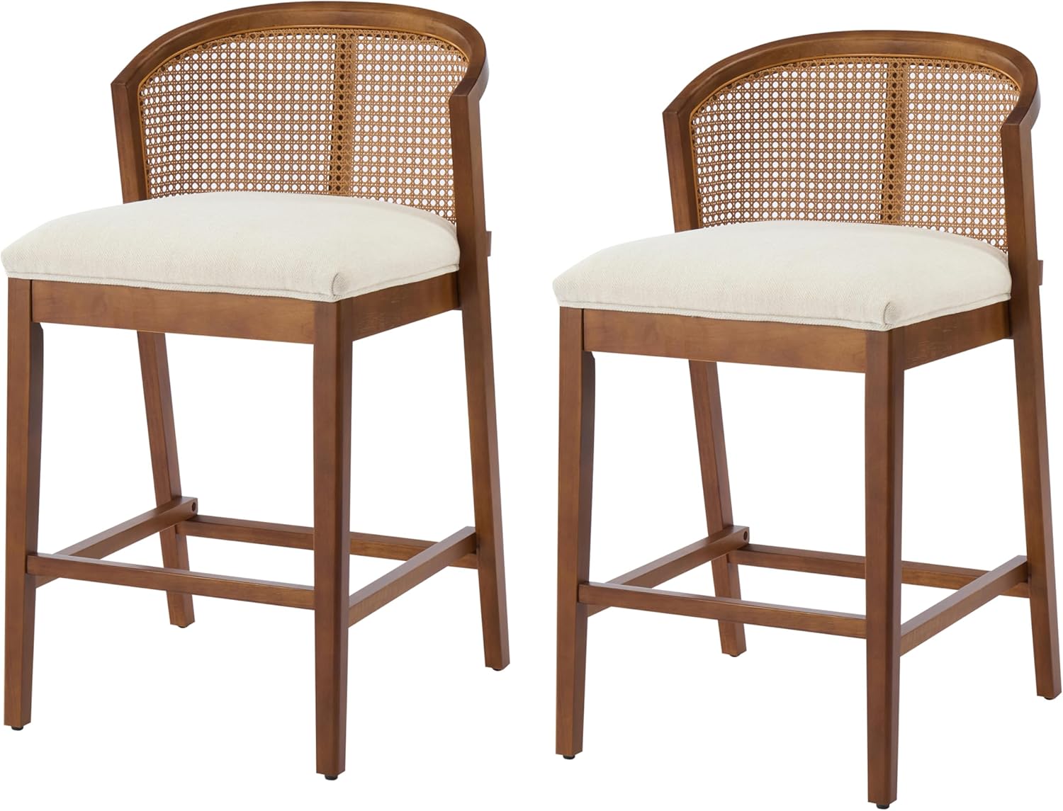 Christopher Knight Home JENA Rattan Counter Stools Set of 2, Counter Height Bar Stools for Bar Table, Rubberwood Frame with Upholstered Barstools, Wood Accent Chair with Footrest, Beige + Walnut