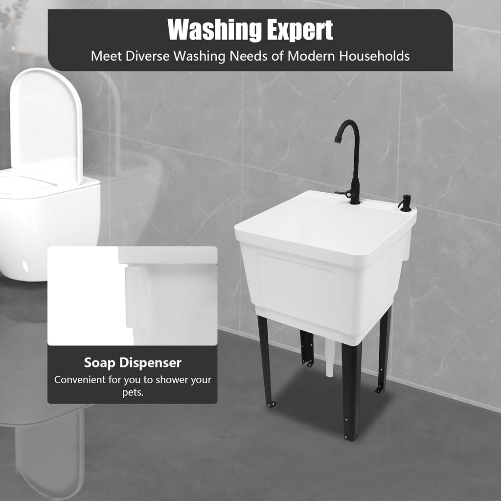 Freestanding Utility Sink, Utility Sink Extra-Deep Laundry Tub, Freestanding Plastic Utility Sink Laundry Tub Sink for Basement, Laundry Room, Garage or Shop (White)