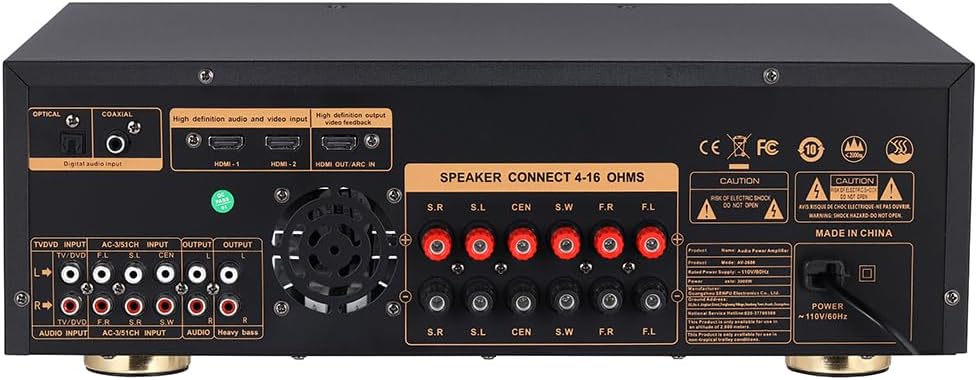 Stereo Receivers,5.1 Channels Audio Amplifier with HDMI,Optical/Coaxial,Bluetooth/USB,RCA,AC-3 Input,Subwoofer Output for Karaoke,Home,Theater Speakers(Non-Dolby/DTS)