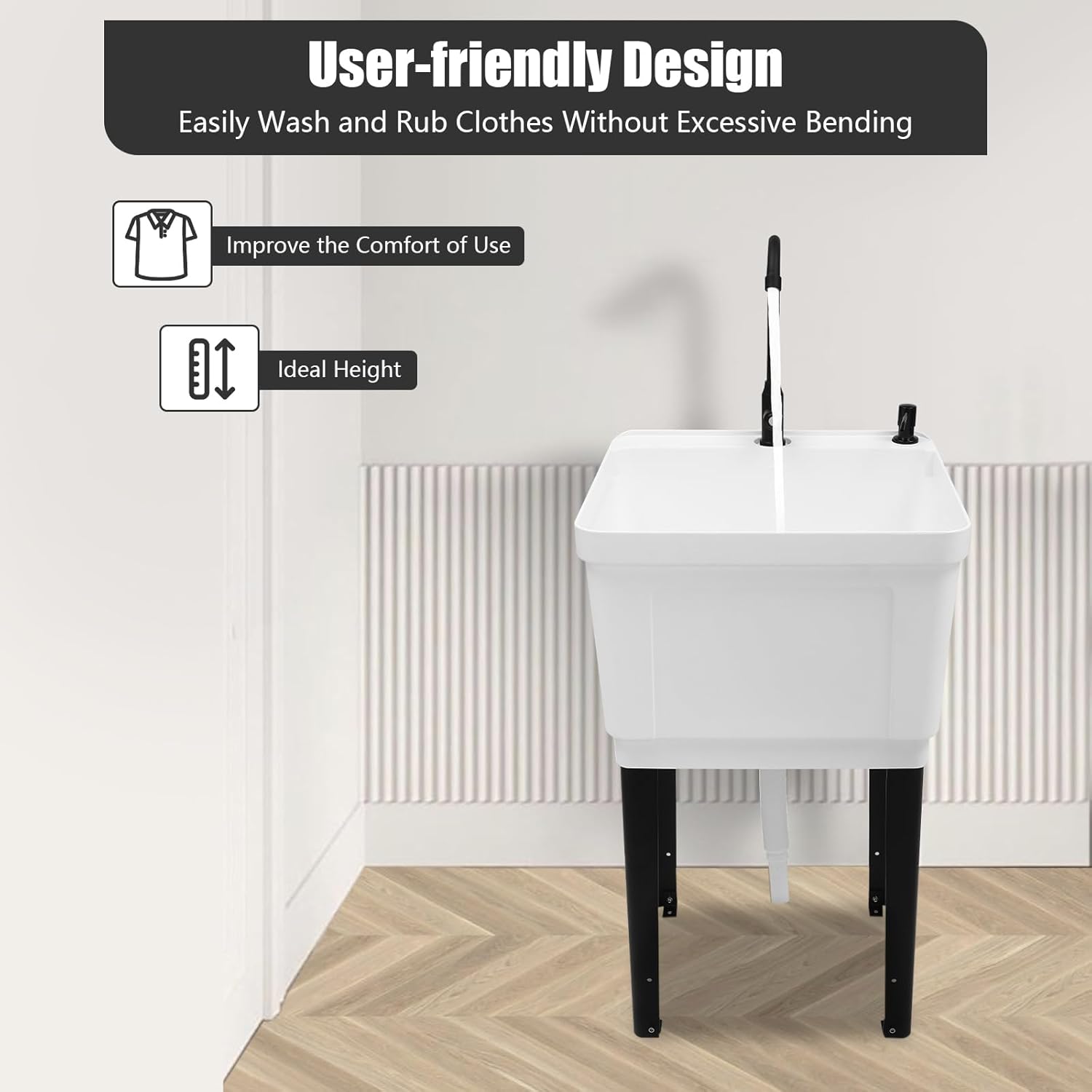 Freestanding Utility Sink, Utility Sink Extra-Deep Laundry Tub, Freestanding Plastic Utility Sink Laundry Tub Sink for Basement, Laundry Room, Garage or Shop (White)
