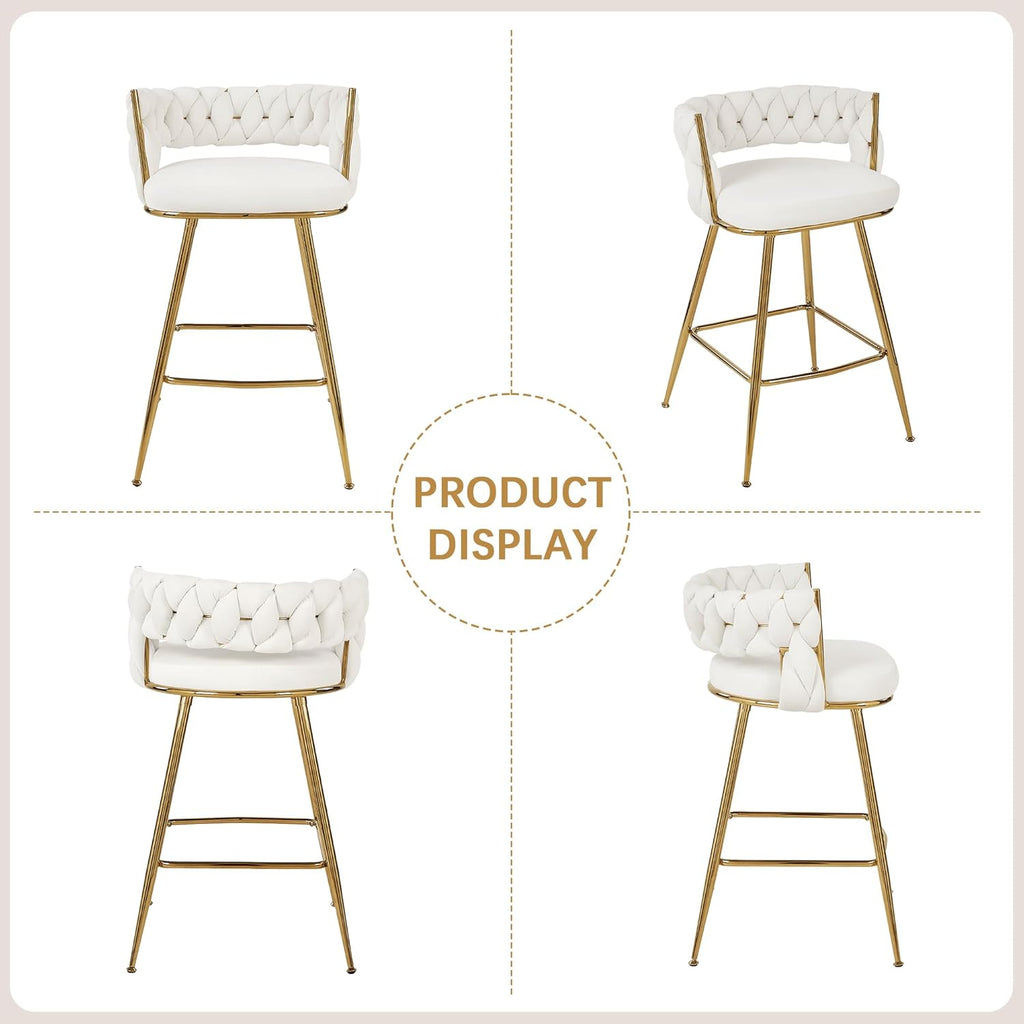 VECELO Bar Stools Set of 4, Counter Height Bar Stools, 26 inch Seat Barstools with Woven Back and Footrest for Kitchen Island Counter, White