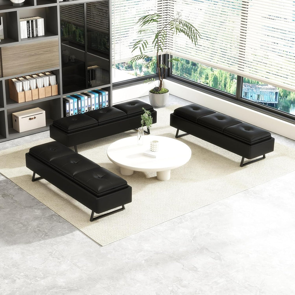MOTION Leather Bench Waiting Room Chairs - 3 Seat Office Guest Reception Bench with Cushion, Upholered Waiting Room Seating, Office Furniture Lobby Chairs for Salon, Shop, Set of 3, Black