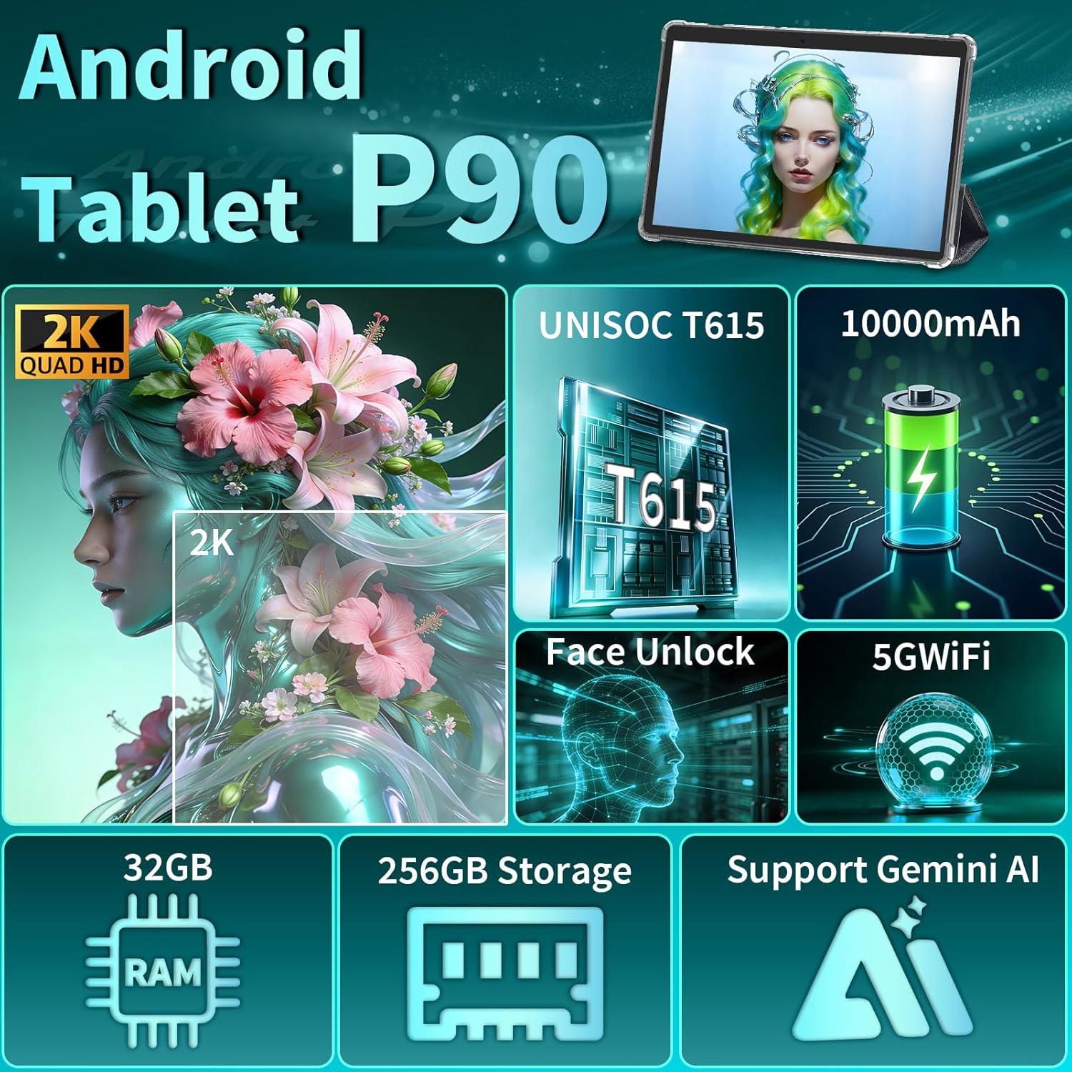 13 Inch Tablet, Android 16 Tablet with Keyboard, 32GB+256GB+2TB Expand, 120Hz 1920x1200 IPS Display, Gemini AI, 10000mAh, 8-Core, Wi-Fi, GPS, Large Screen 2K Tablet PC with Case, Mouse, Stylus(Black)