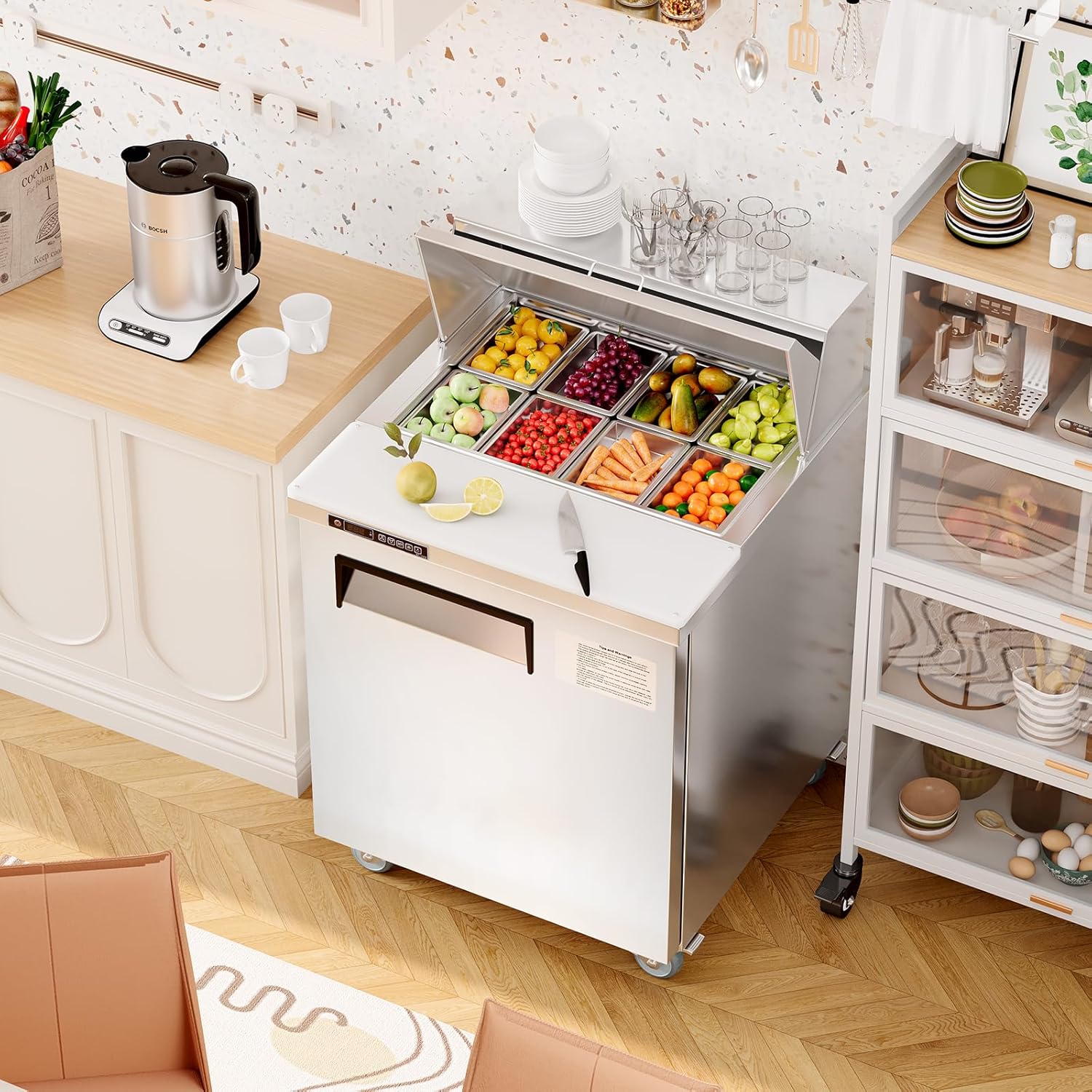 GarveeHome Commercial Refrigerator, 28" Undercounter Worktop Refrigerator,7.4 cu. ft W Single Door Thick Stainless Steel Refrigerator Sandwich Salad Prep Station Cooling with Cutting Board and 8 Pans