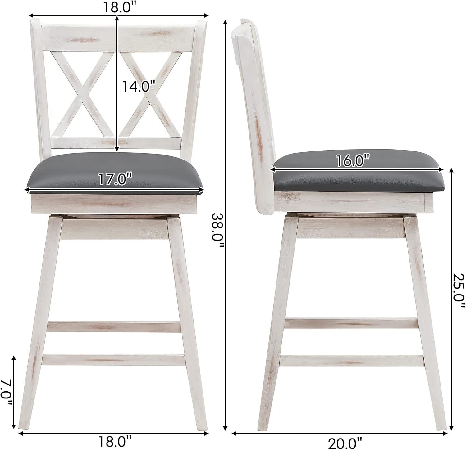 COSTWAY Bar Stool Set of 4, 360 ° Swivel Counter Height 25inch Bar Stool with Foot Rest Upholstered Cushion & Ergonomic Backrest, Sturdy Frame, for Pub, Kitchen Islands (4, Antique White + Grey)