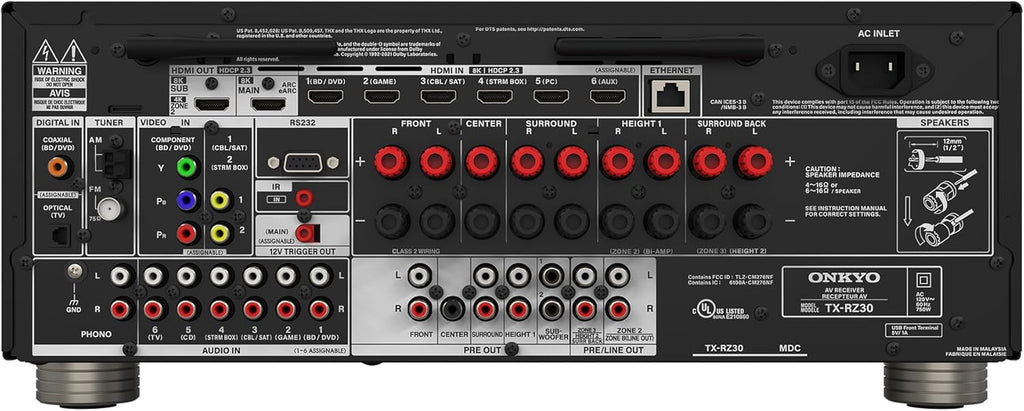 Onkyo TX-RZ30 9.2-Channel AV Receiver - 100 Watts Per Channel, Dirac Live Out of Box, Works with Sonos Certified, THX Certified and More (Renewed)