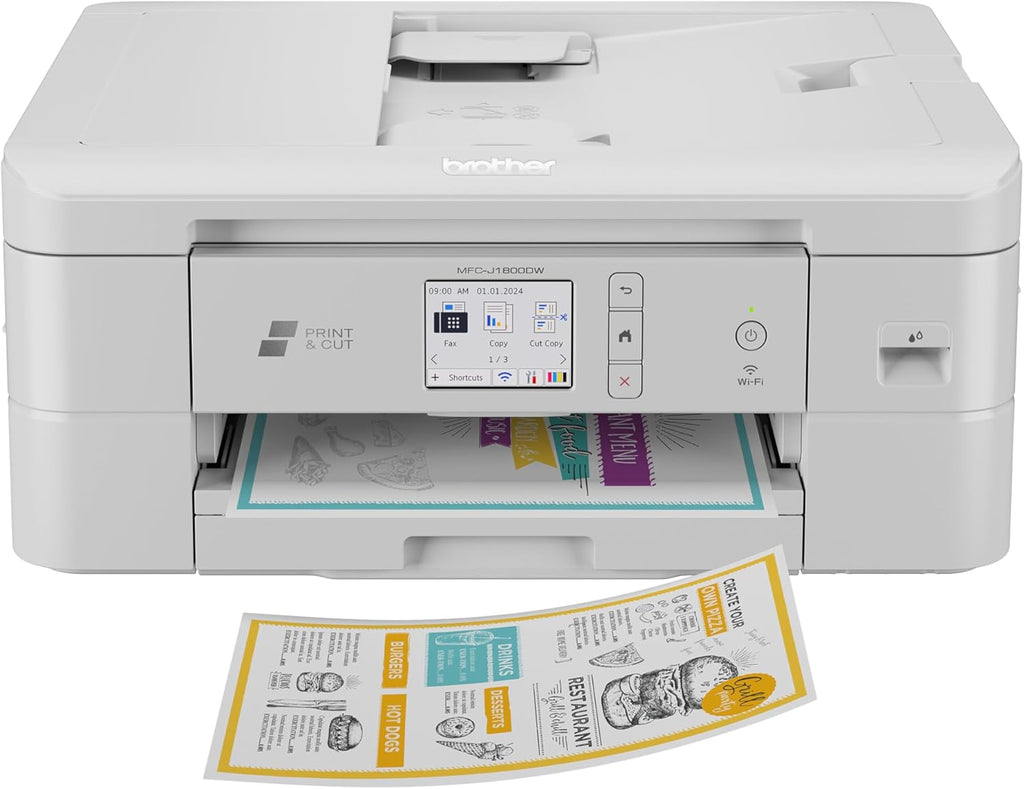 Brother Wireless All-in-One Color Inkjet Printer with Auto Paper Cutter, Scanner, Copier and Fax for Home Office, Print and Cut Machine with Mobile Printing and 150-Sheet Capacity (J1800DW)