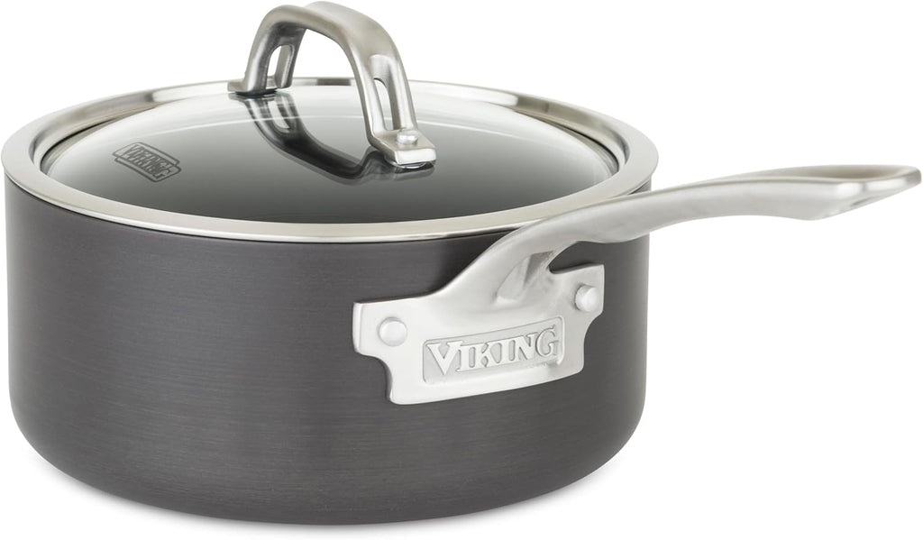 Viking Non Stick Sauce Pan with Glass Lid, 3 Quart Hard Anodized Nonstick Saucepan Cooking Pot, Dishwasher and Oven Safe, Induction Ready, Gray