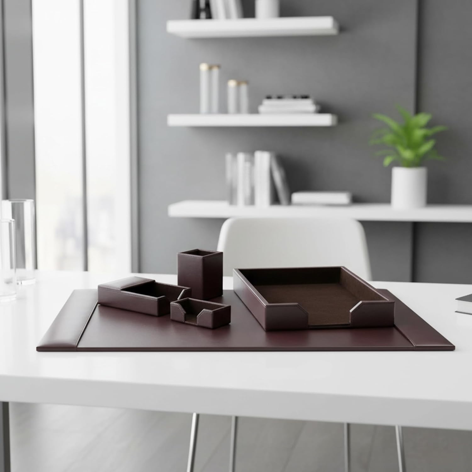 DACASSO Bonded Leather Desk Set - Luxury Leather Desk Pad & Desk Organization Essentials - Office Organization & Executive Desk Decor - (Dark Brown, 5 Piece)