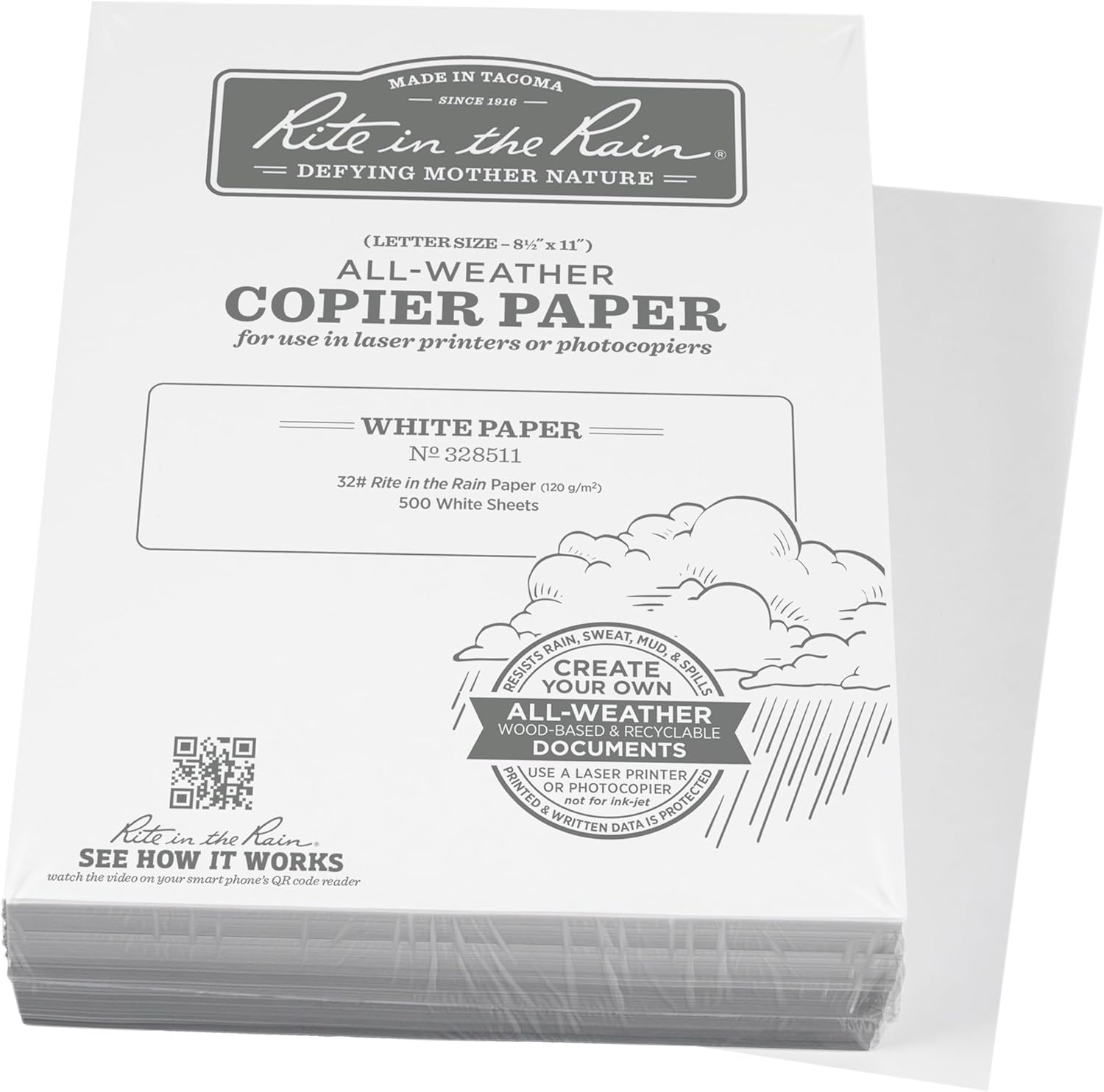Rite In The Rain Weatherproof Bulk Copier Paper, 8.5" x 11", 32# White, 500 Sheet Pack (No. 328511)