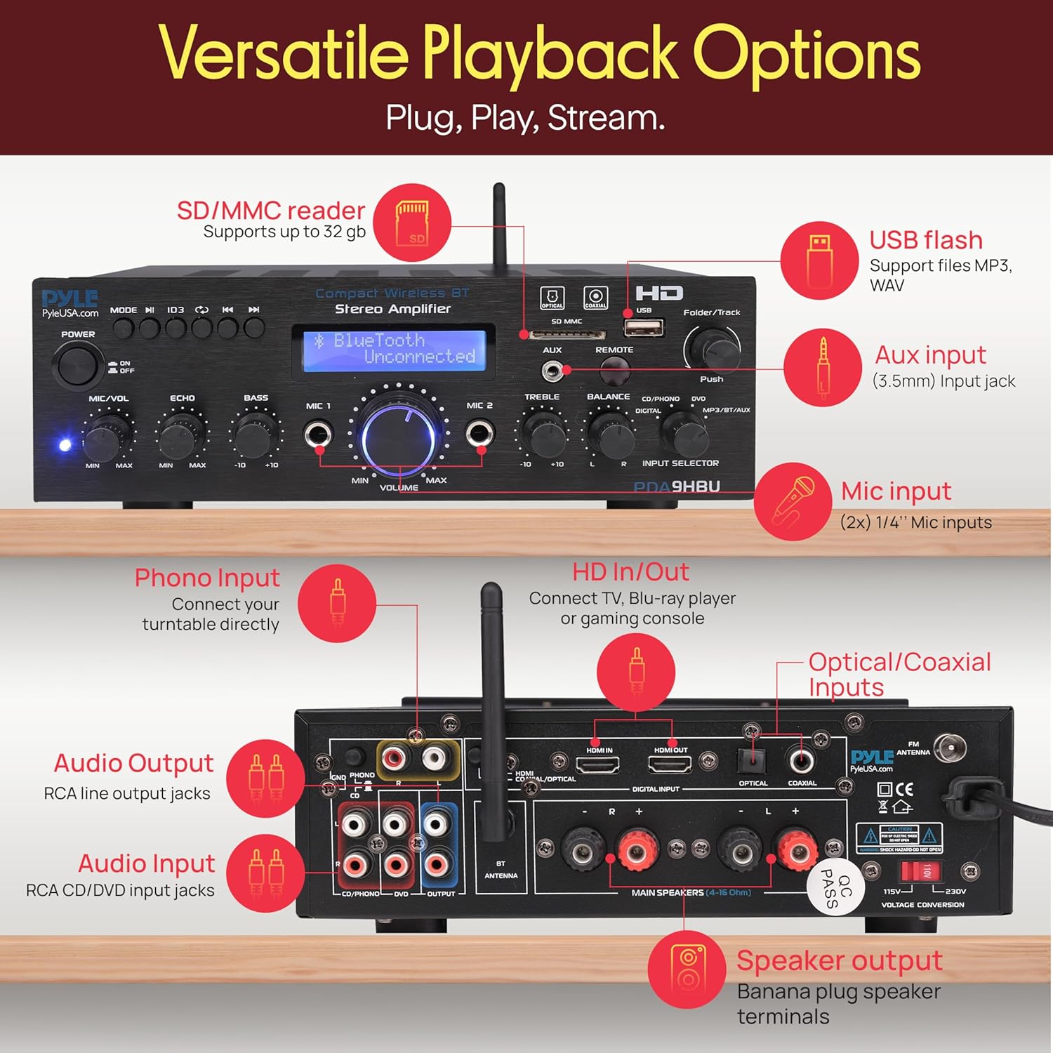 Pyle Wireless Bluetooth Home Stereo Amplifier - Multi-Channel 200 Watt Power Amplifier Home Audio Receiver System w/HDMI, Optical/Phono/Coaxial, FM Radio, USB/SD, AUX, RCA, Mic in - Remote - PDA9HBU
