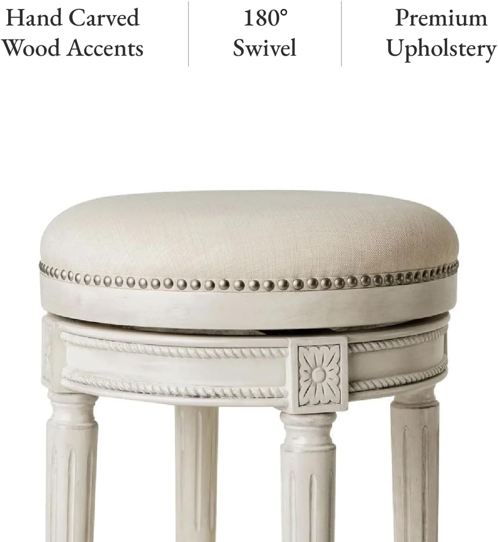 Maven Lane Pullman Backless Bar Stool 31 Inches – Swivel Stool with Footrest – White Solid Wood Frame & Natural Fabric Upholstery – Perfect for Bars, Pub Tables & Tall Kitchen Counters