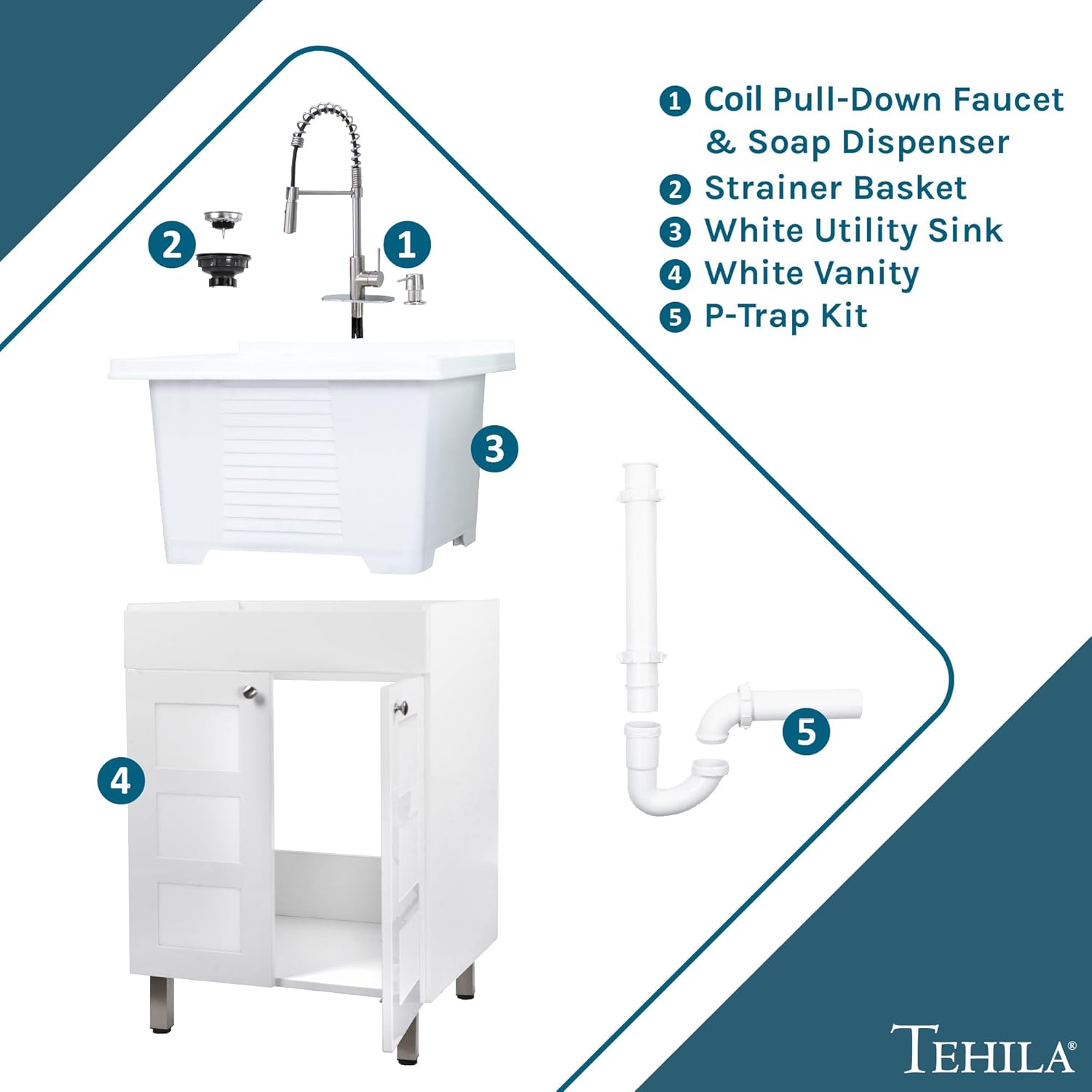 White Utility Sink in White Vanity, Stainless Steel Pull-Down Coil Faucet, Soap Dispenser and Spacious Cabinet by JS Jackson Supplies for Garage, Basement, Shop and Laundry Room